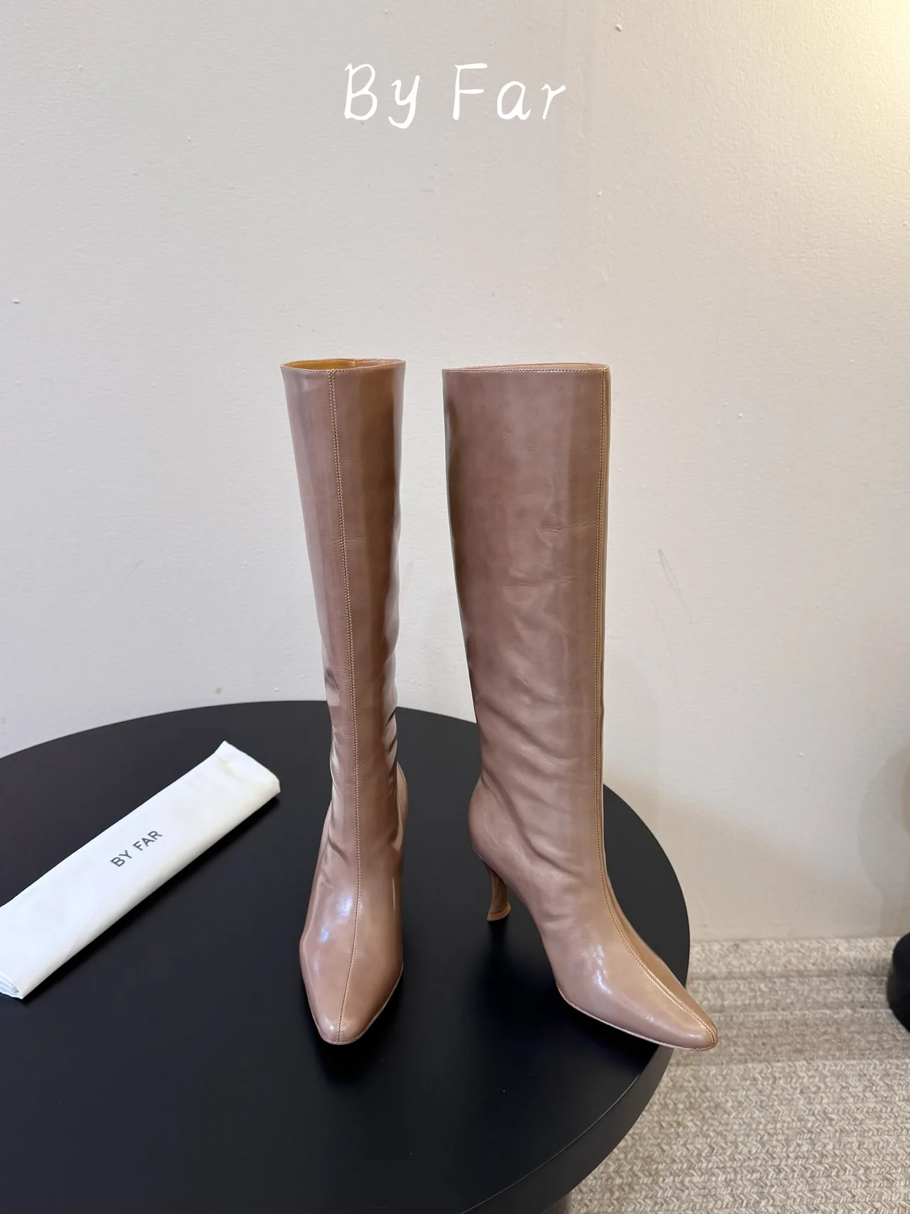 By Far Glossy Pointed-Toe Knee-High Boots in Brown · view 2