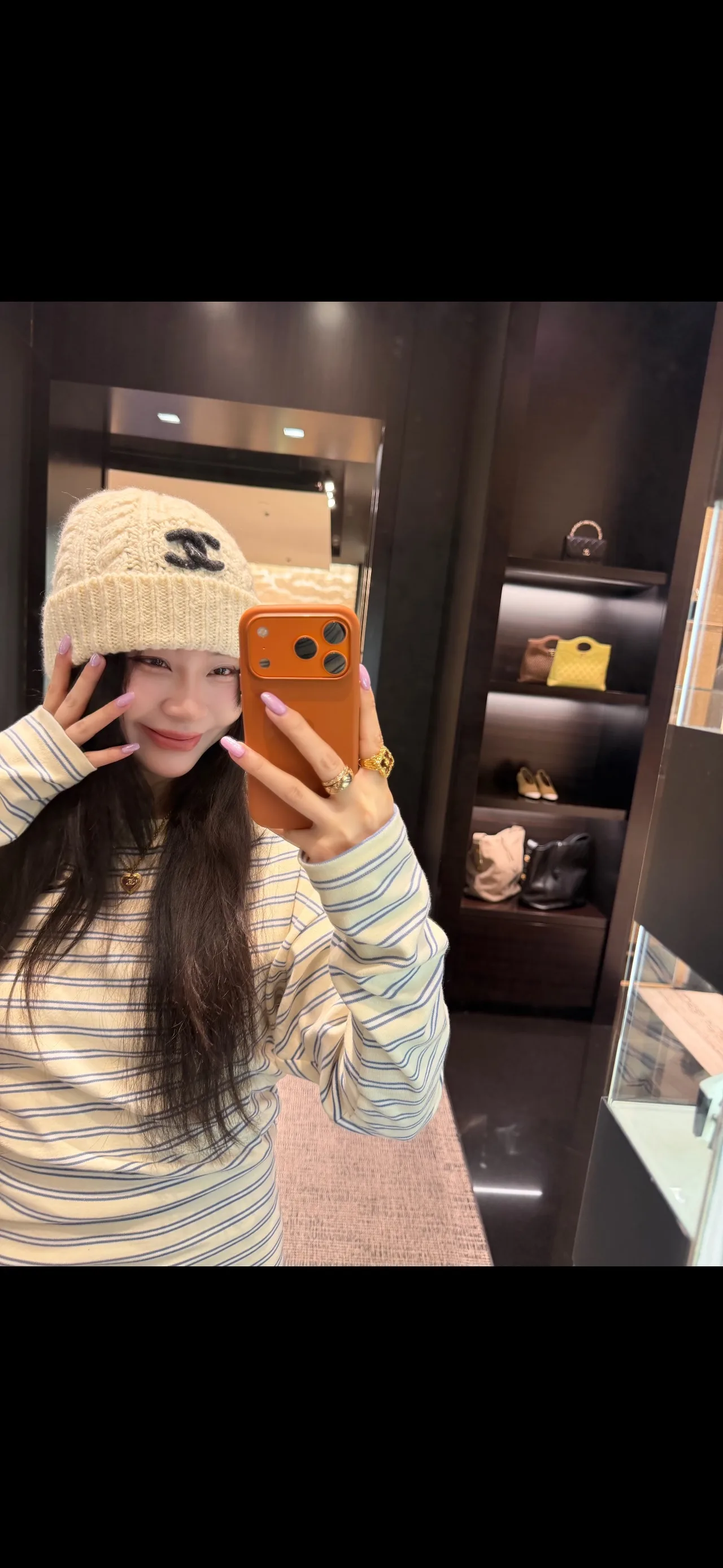 Chanel Cable-Knit Beanie in Red & Beige & Black · view 6