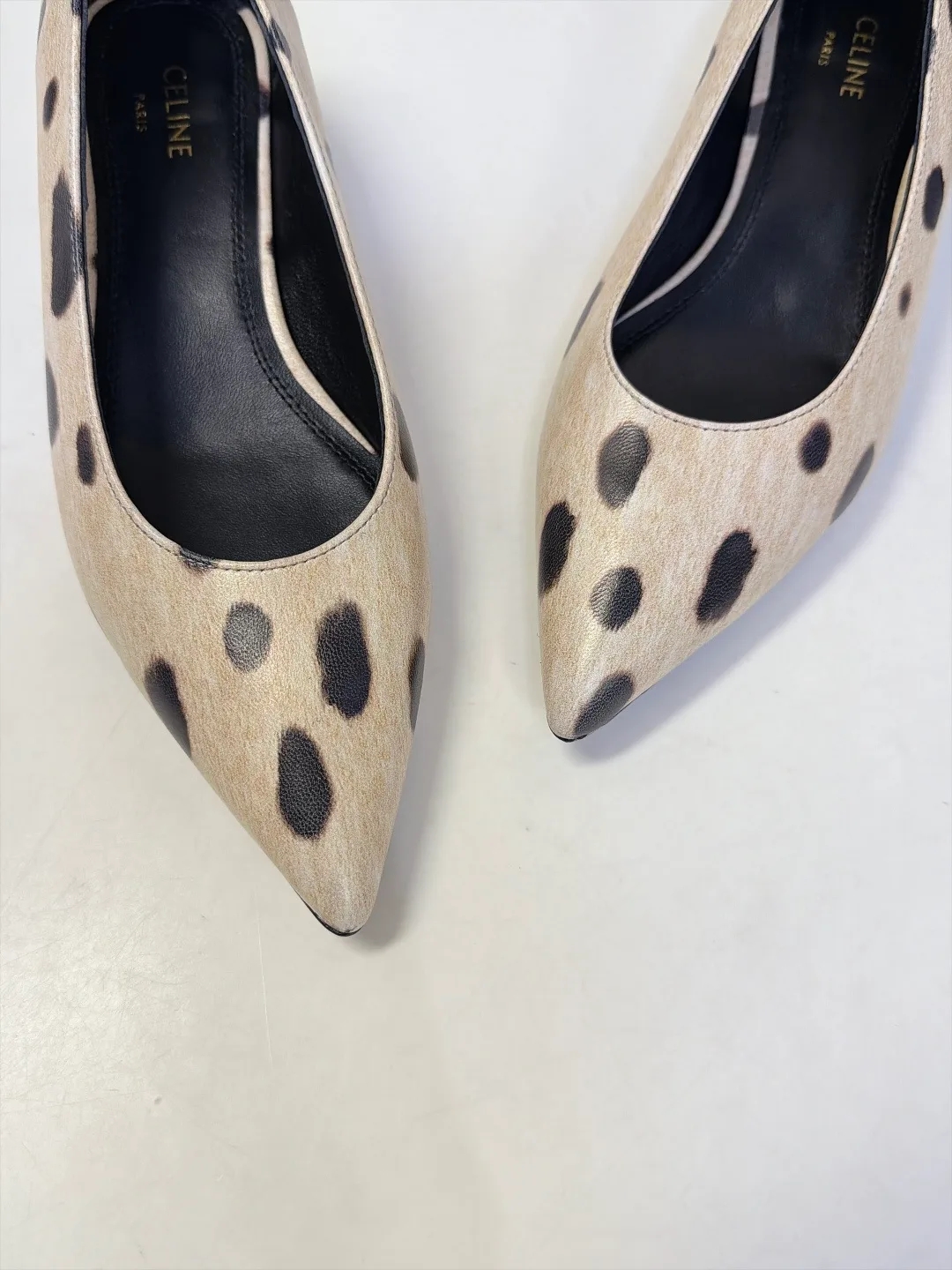 Celine Lambskin Pointed-Toe Spotted Kitten Heel Pumps in Beige · view 8