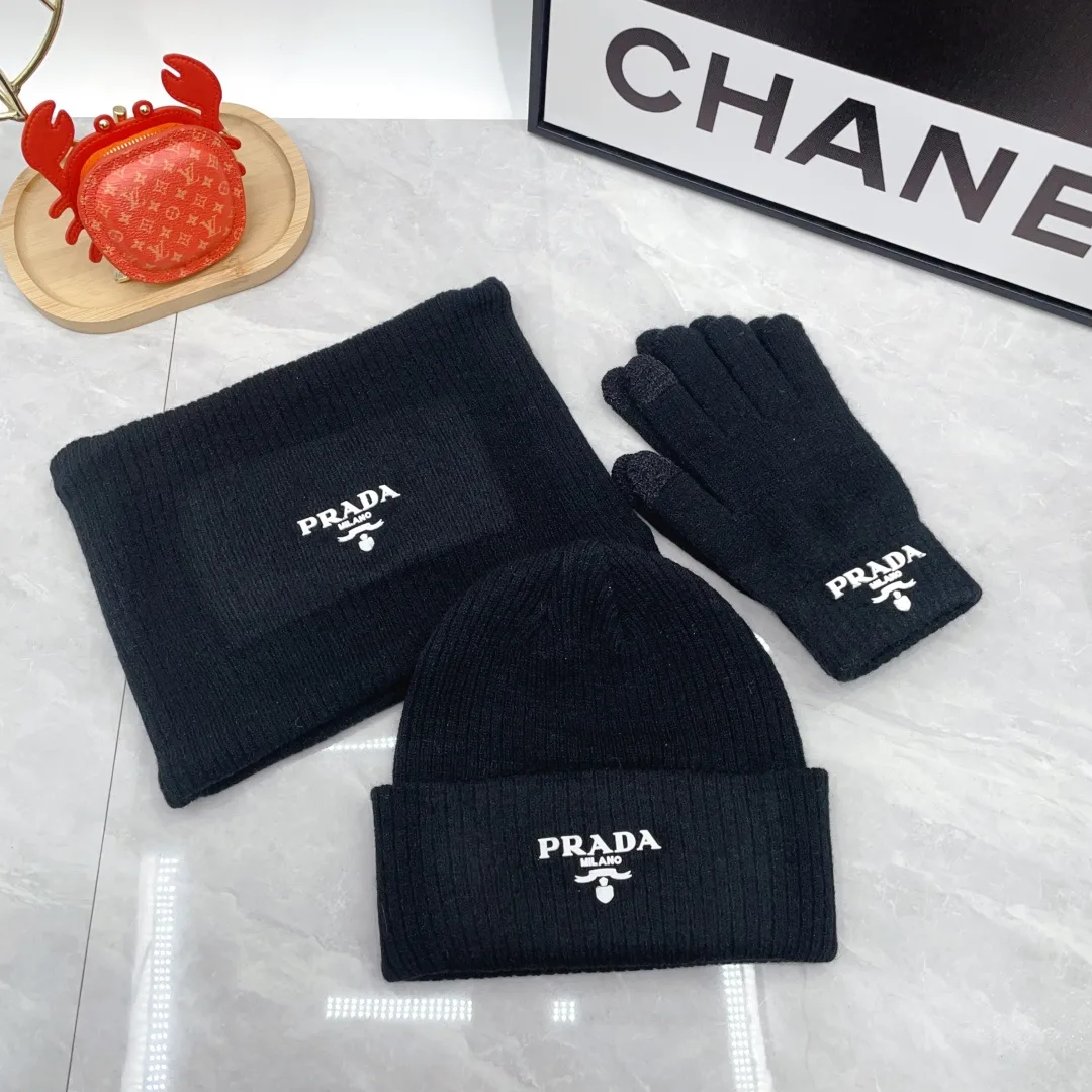 Prada Wool Ribbed Embroidered Hat Scarf and Gloves Set in Black · view 1