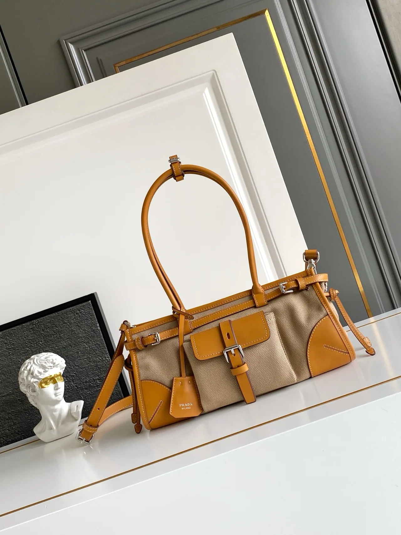Prada Cowhide Belted Tote in Beige · view 1