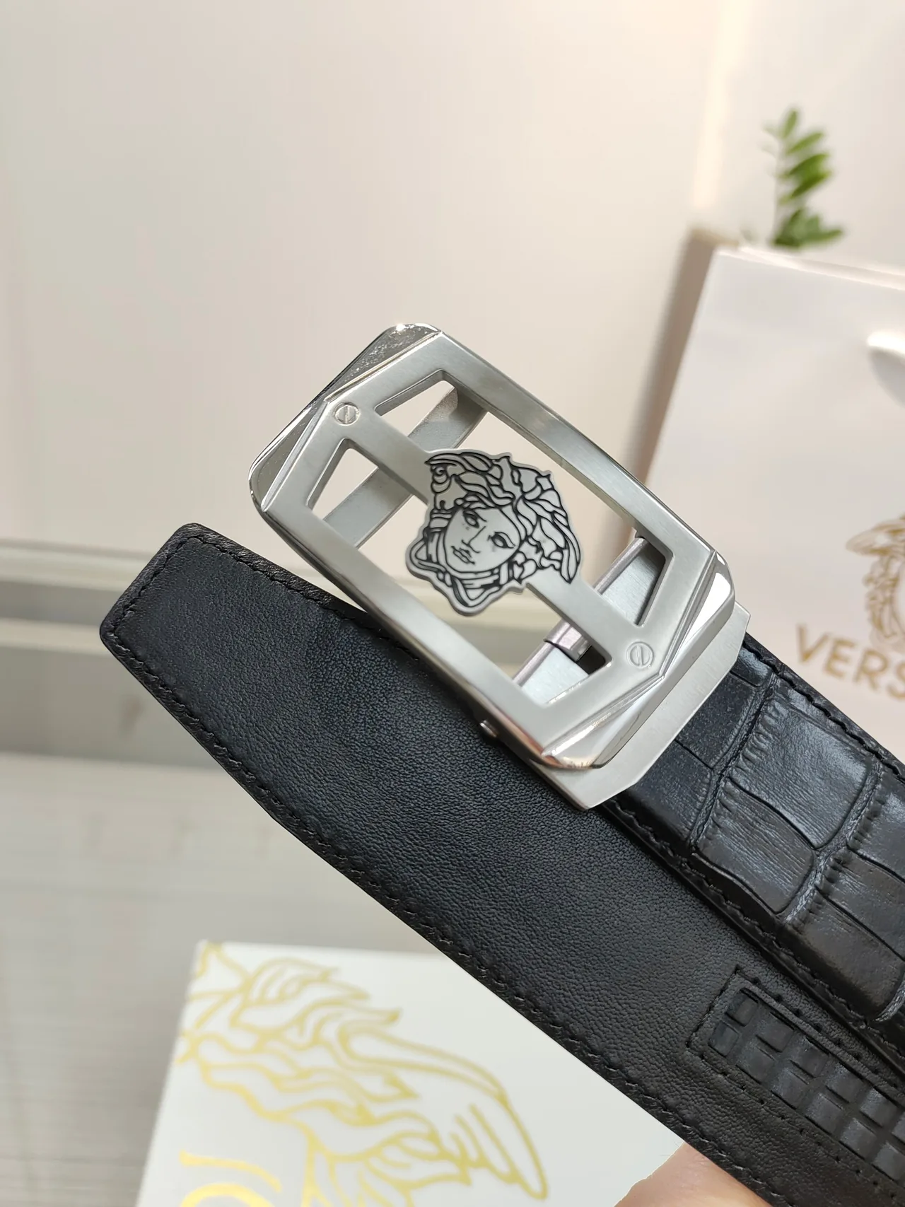 Versace Calfskin Glossy Belt in Black · view 6