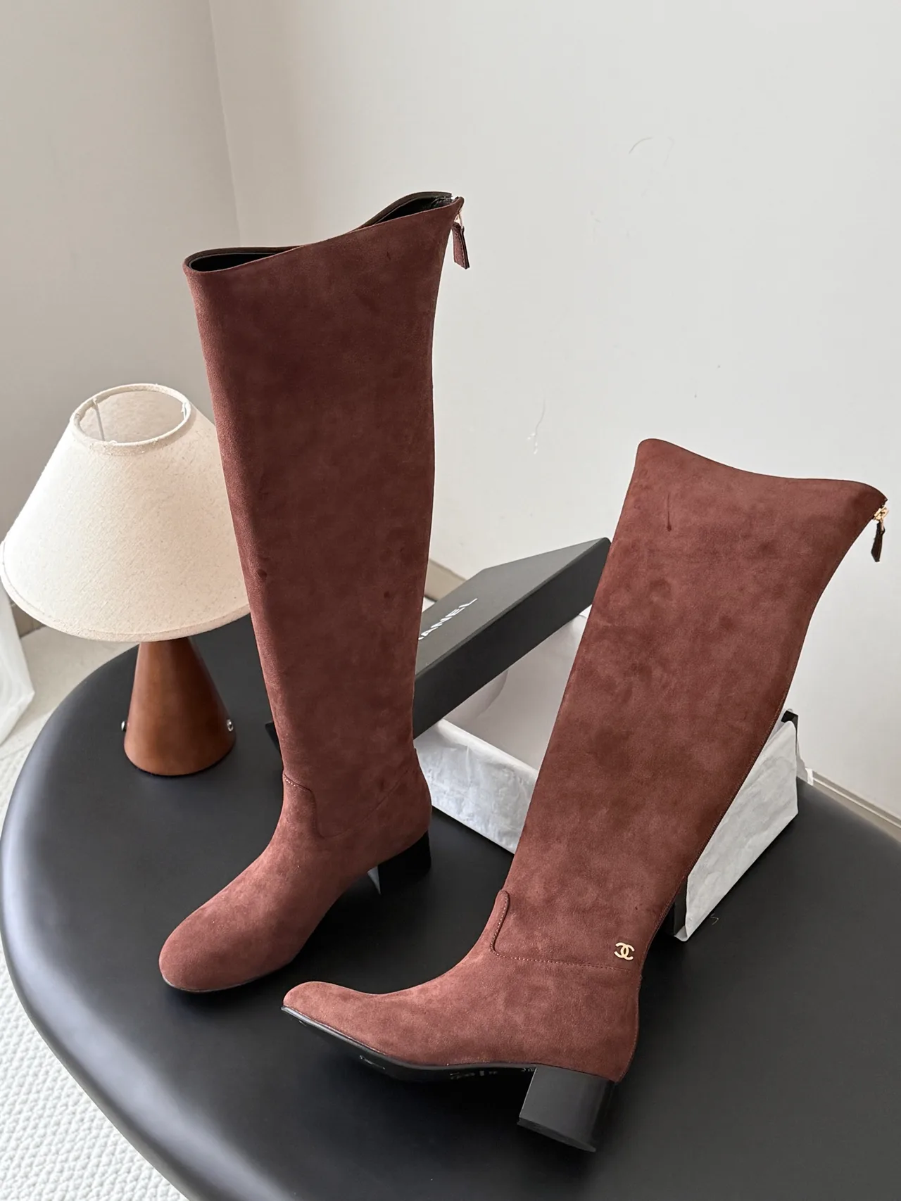 Chanel Sheepskin Suede-Look Knee-High Boots in Brown · view 4