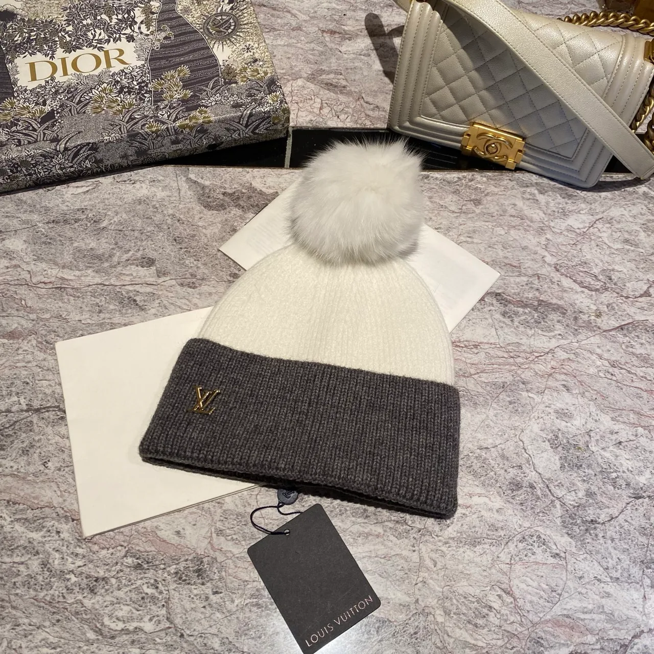 Louis Vuitton Pom-Pom Beanie in Beige & Brown & Cream & Black · view 3
