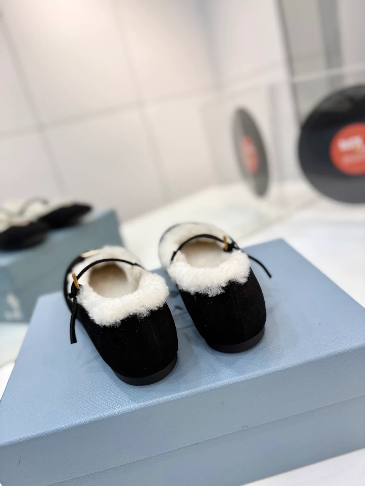 Prada Buckle Fur-Lined Mary Jane Flats in Black · view 4
