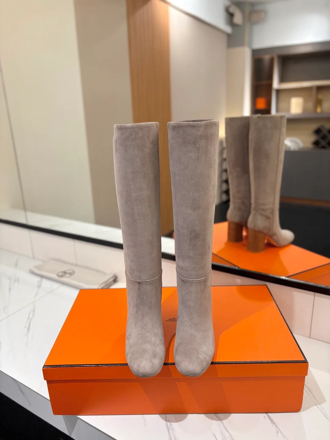 Hermes Cowhide Knee-High Boots in Grey · view 3