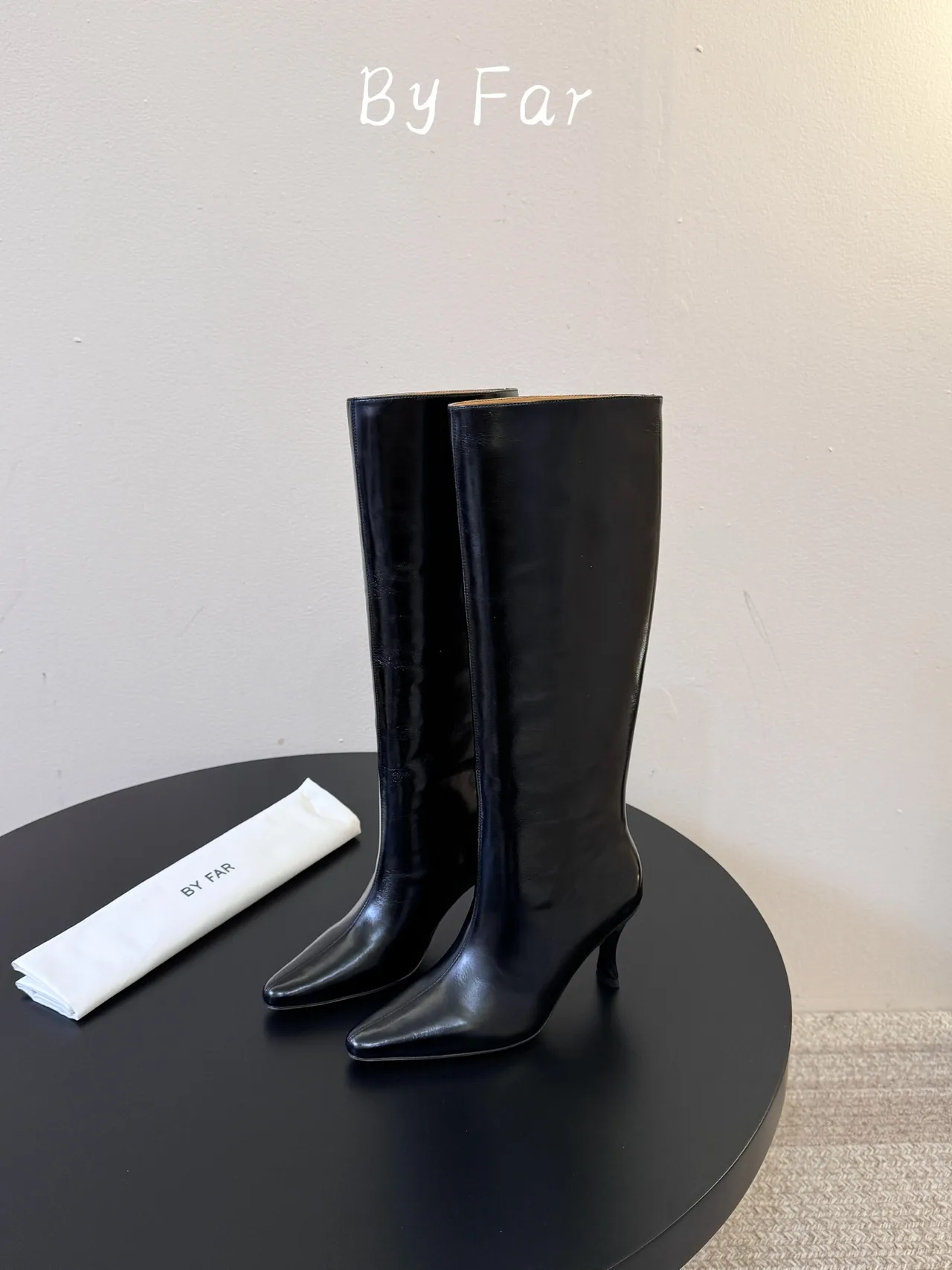 By Far Glossy Pointed-Toe Lace-Up Knee-High Boots in Black · view 5