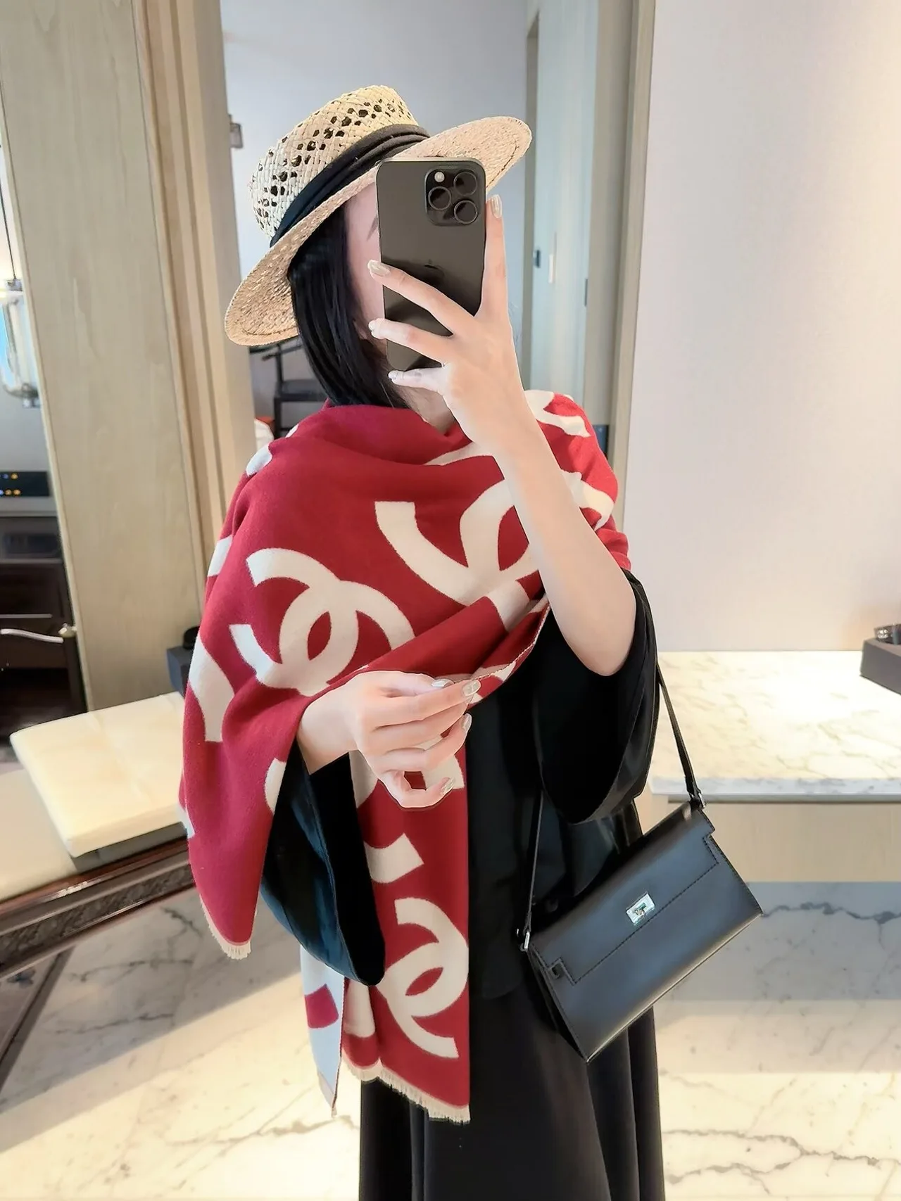 Chanel CC Jacquard Scarf in Grey & Black & Red · view 3