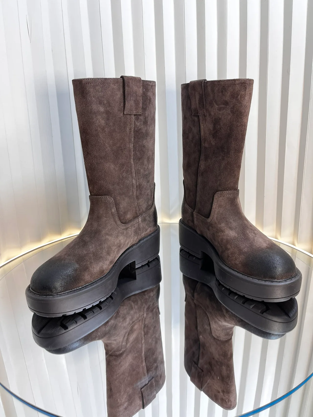 Miu Miu Calfskin Knee-High Boots in Brown · view 3