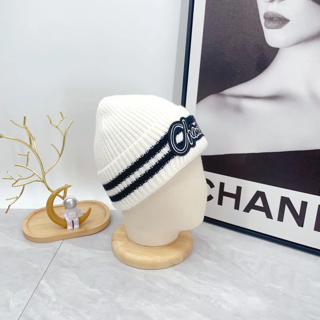 Chanel Striped Embroidered Beanie in White · view 5