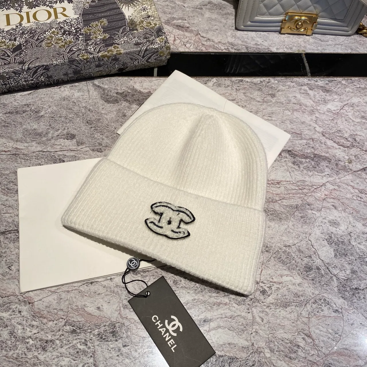 Chanel CC Knit Beanie in Black / White / Red / Burgundy / Grey / Tan / Pink · view 2