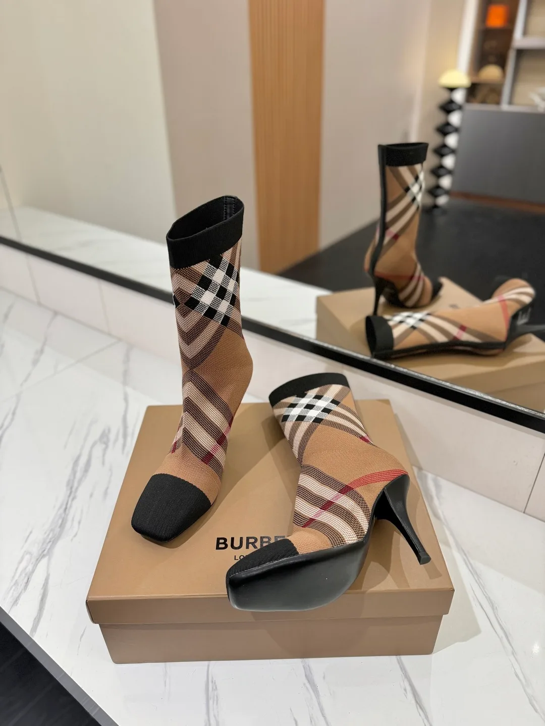 Burberry Check Knee-High Boots in Beige · view 5