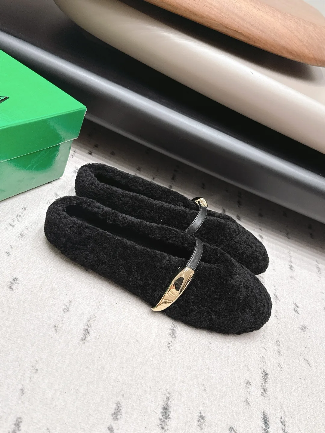 Bottega Veneta Sheepskin Round-Toe Buckle Mary Jane Mules in Black · view 2