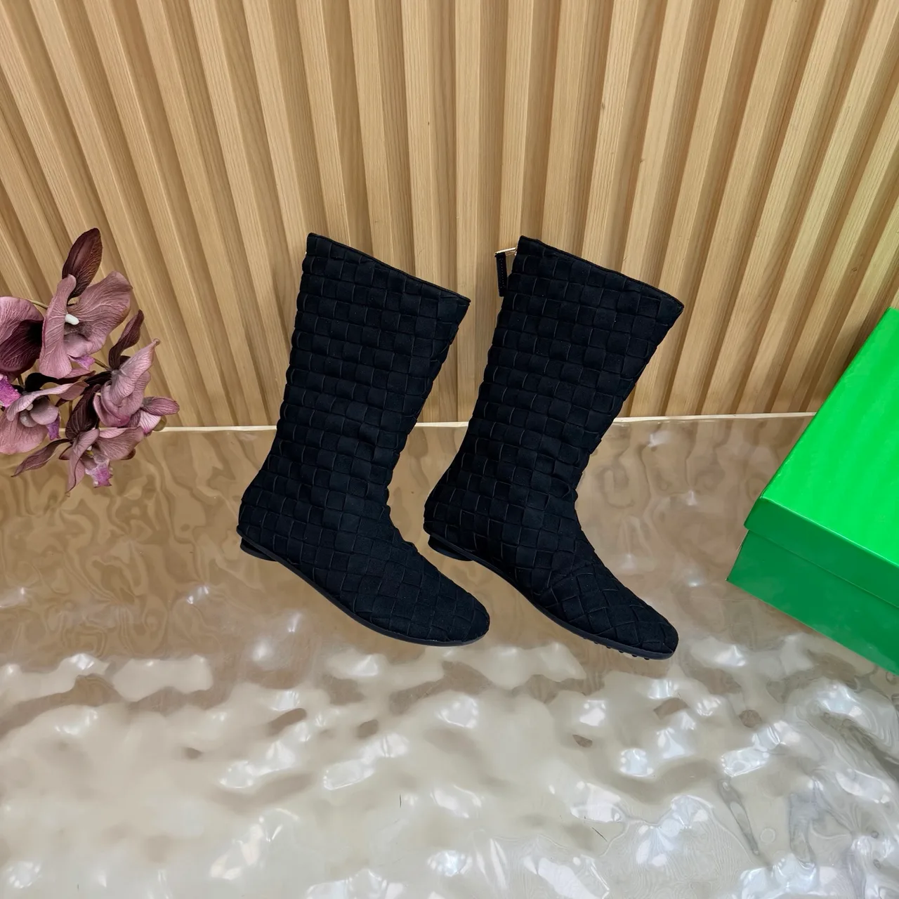 Bottega Veneta Woven Glossy Pointed-Toe Ankle Boots in Black · view 7