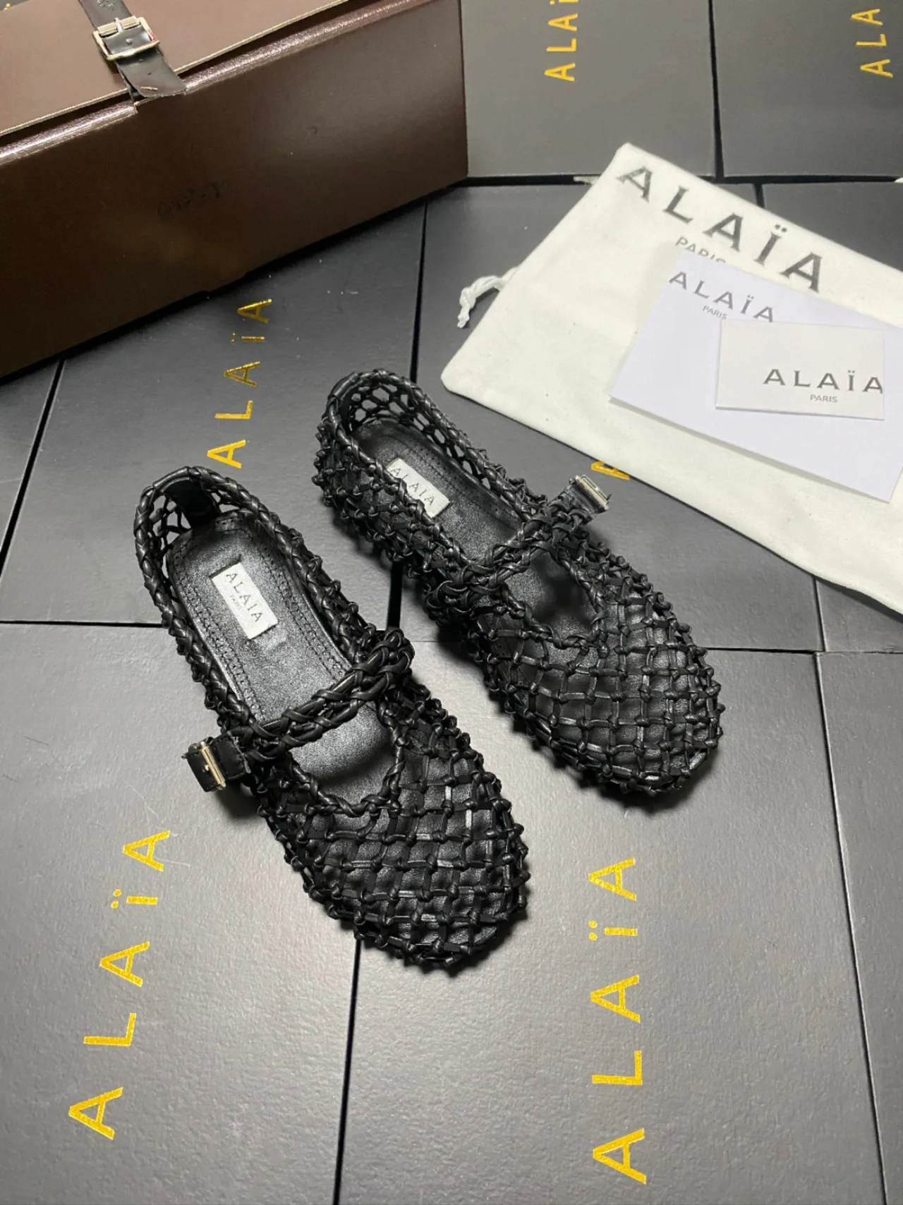 Alaia Cowhide Sheepskin Square-Toe Woven Mary Jane Flats in Black · view 3