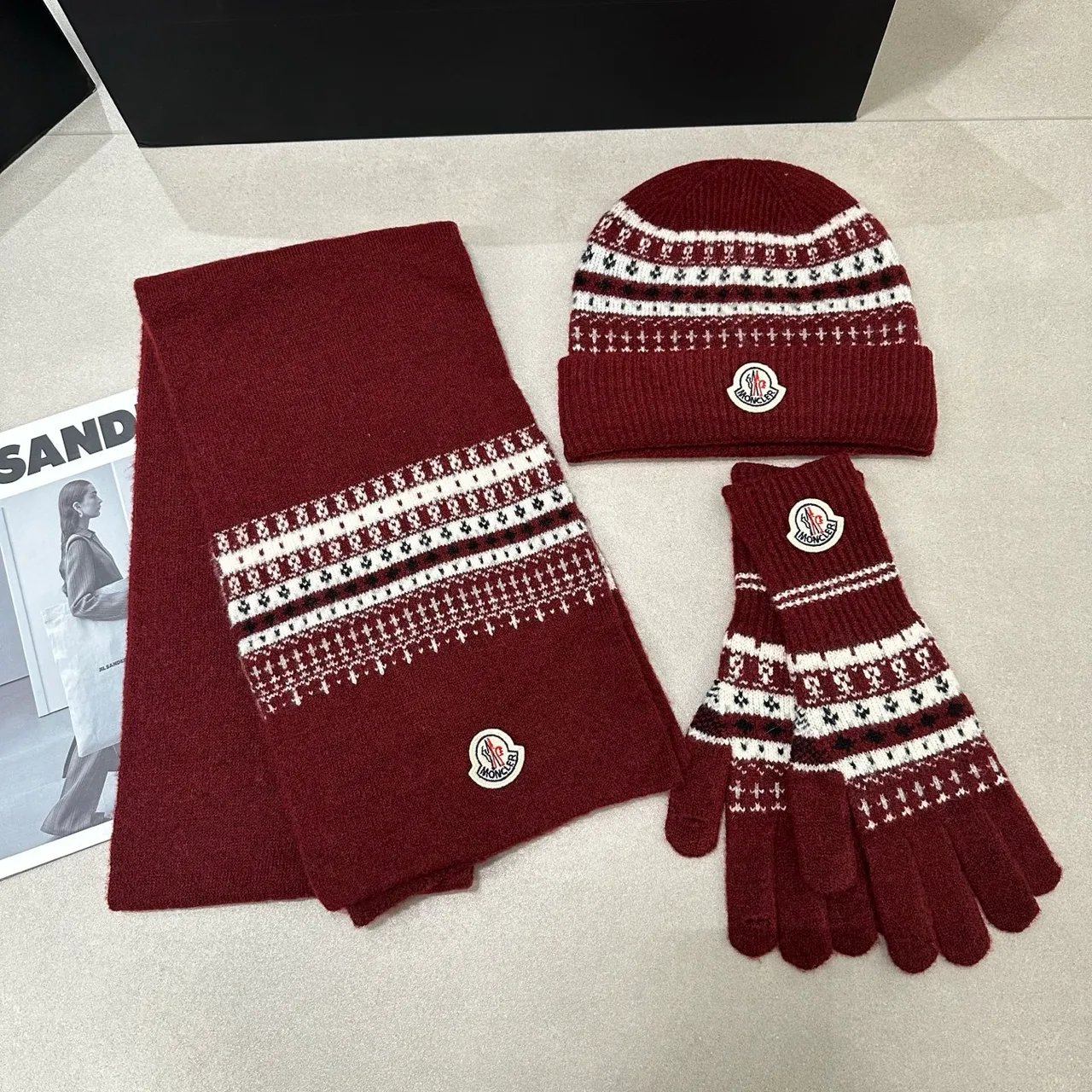 Moncler Hat Scarf and Gloves Set in Grey & Burgundy & White · view 5