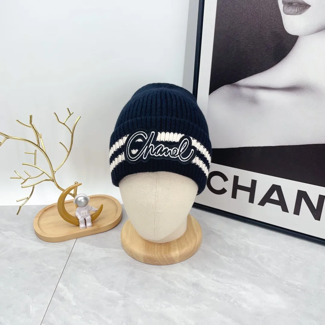Chanel Ribbed Striped Beanie in Blue · view 1