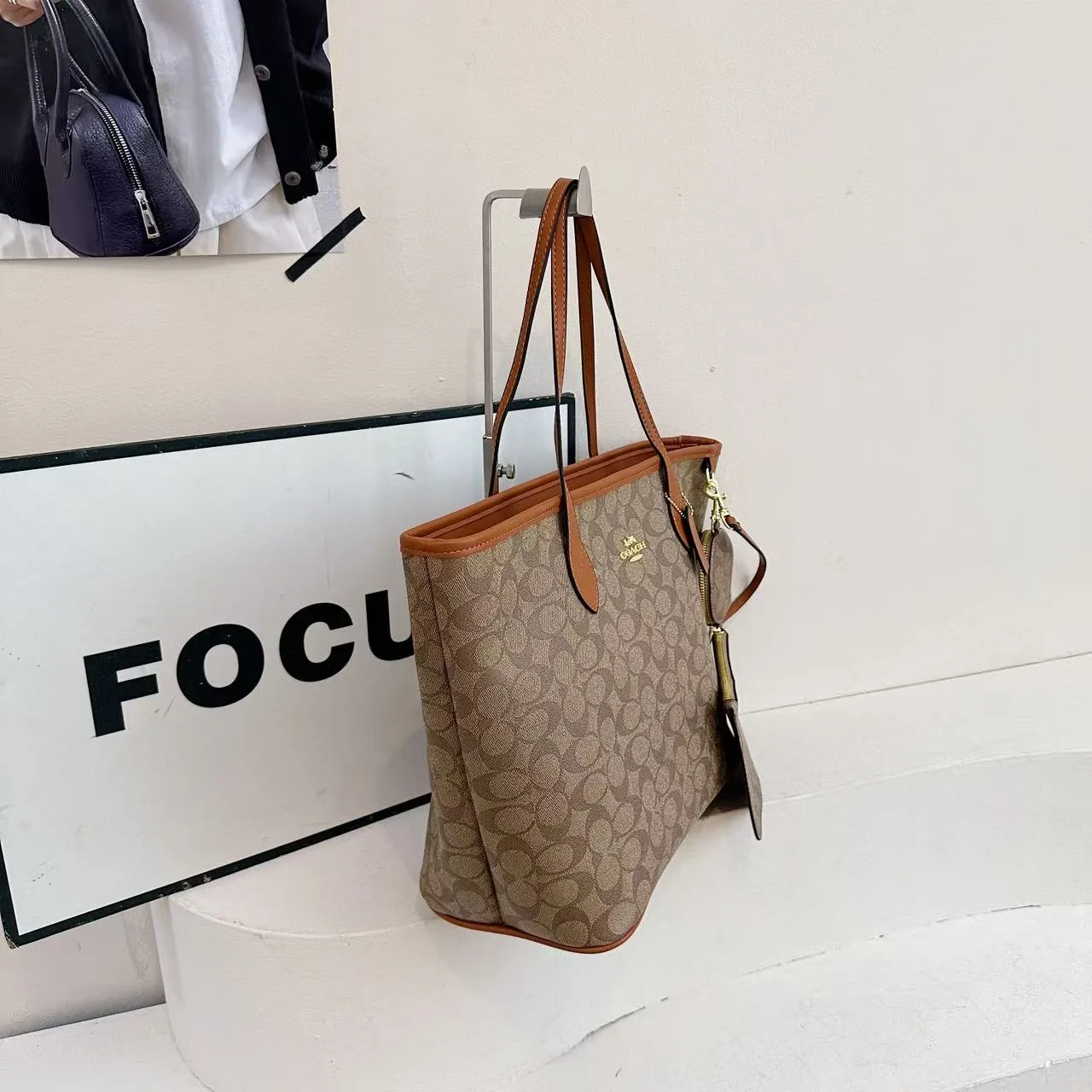 Coach Tote with Pouch in Black & Beige & Brown · view 6