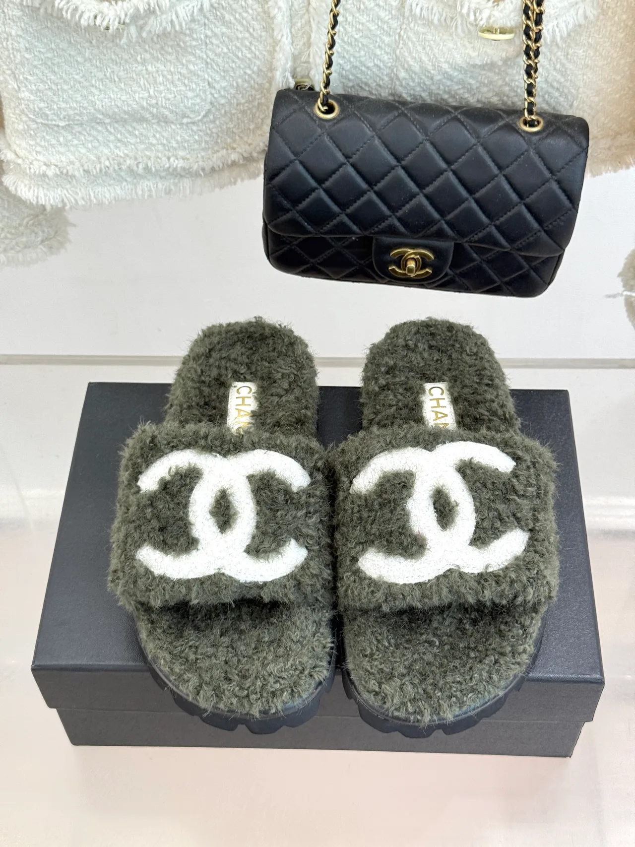 Chanel Denim Slippers in Green · view 4