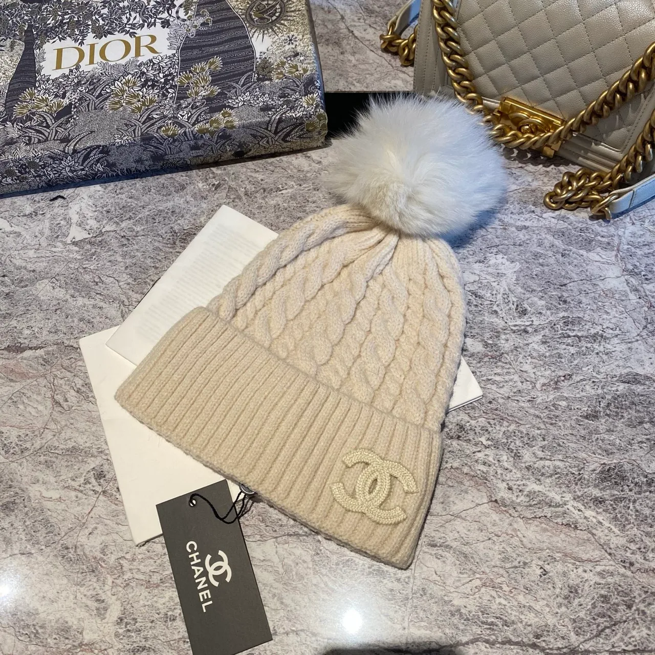 Chanel Pom-Pom Beanie in Black & White & Beige & Brown & Grey · view 3