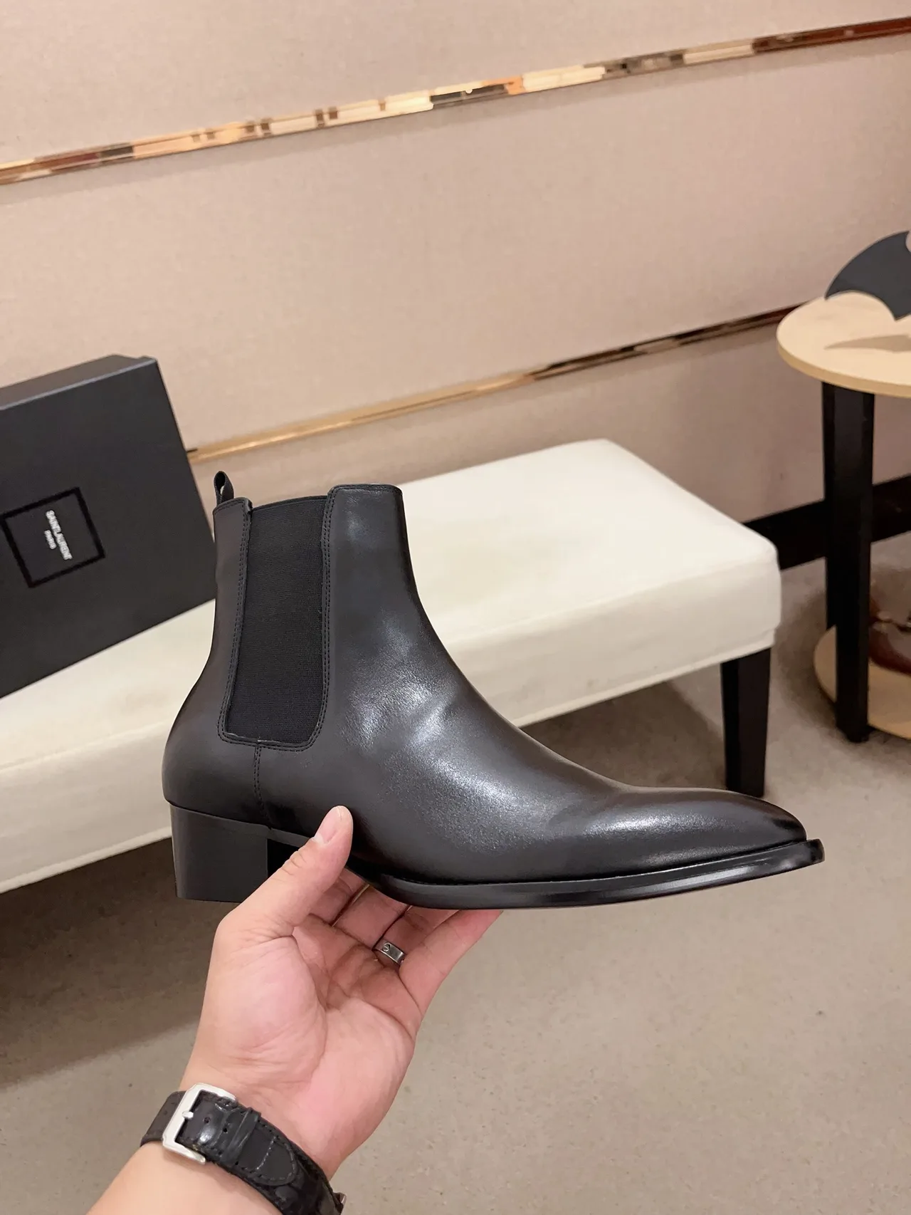 Saint Laurent Cowhide Glossy Pointed-Toe Chelsea Boots in Black · view 5