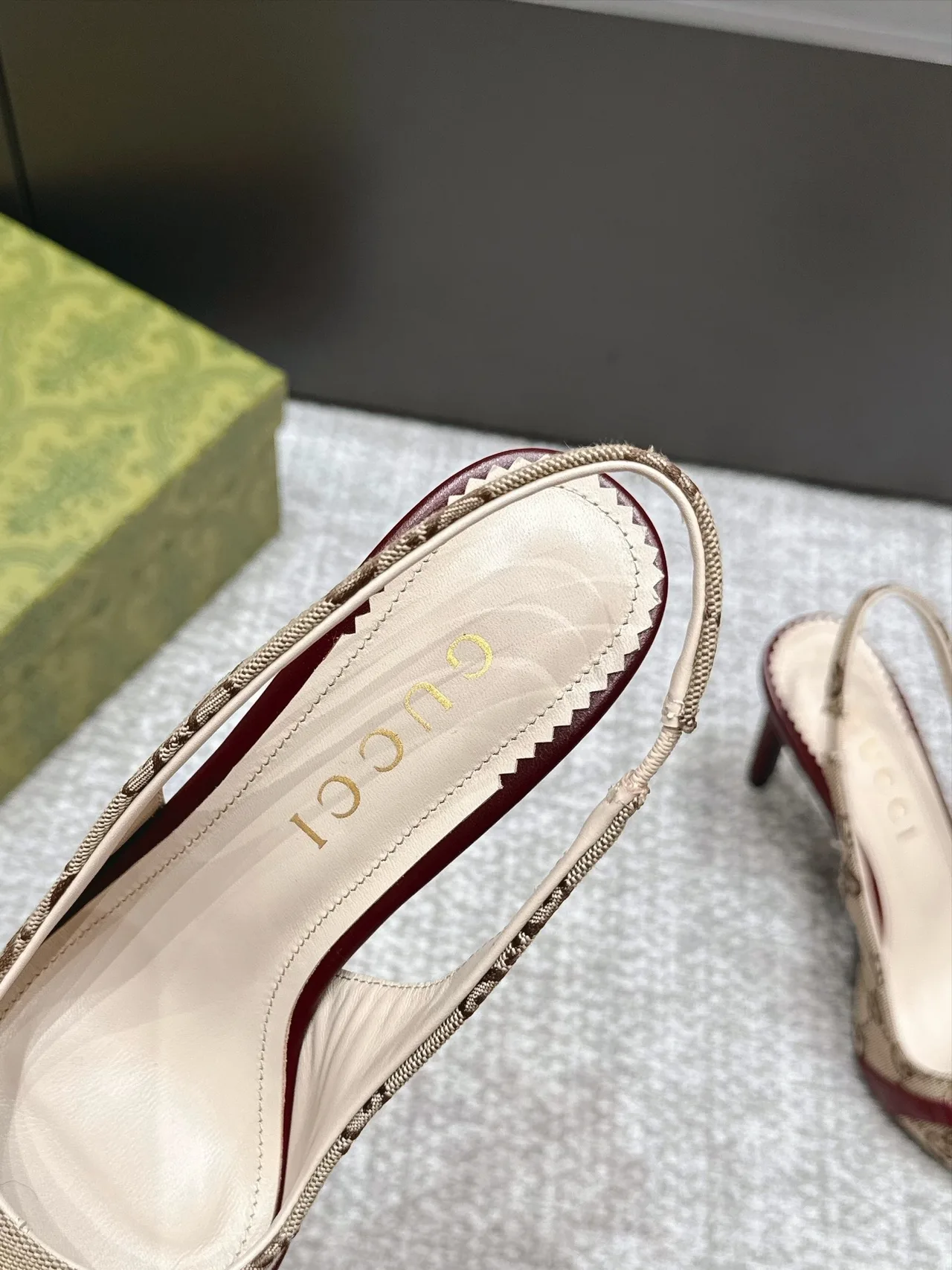 Gucci Glossy Pointed-Toe Monogram Slingback Pumps in Beige · view 6