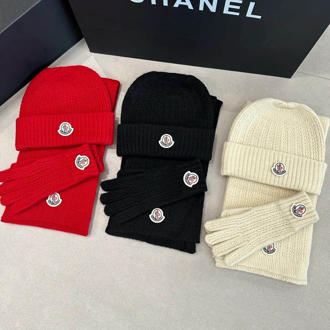 Moncler Hat, Scarf and Gloves Set in Red & Black & White & Grey & Beige · view 8
