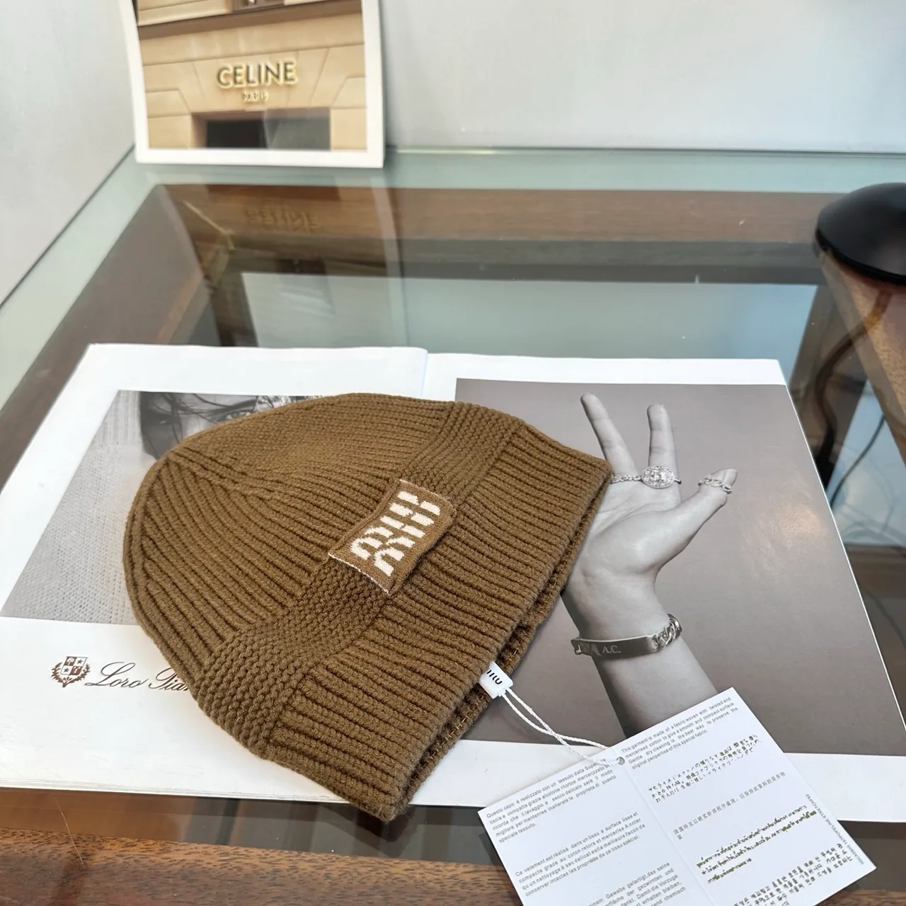 Miu Miu Ribbed Embroidered Knit Beanie in Brown · view 3