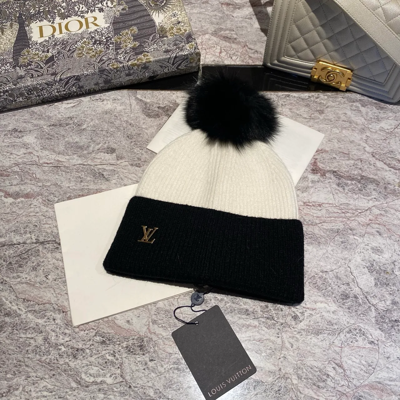 Louis Vuitton Pom-Pom Beanie in Beige & Brown & Cream & Black · view 5
