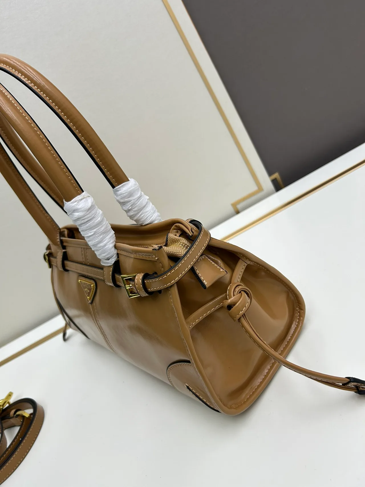 Prada Smooth Top-Handle Bag in Tan · view 2