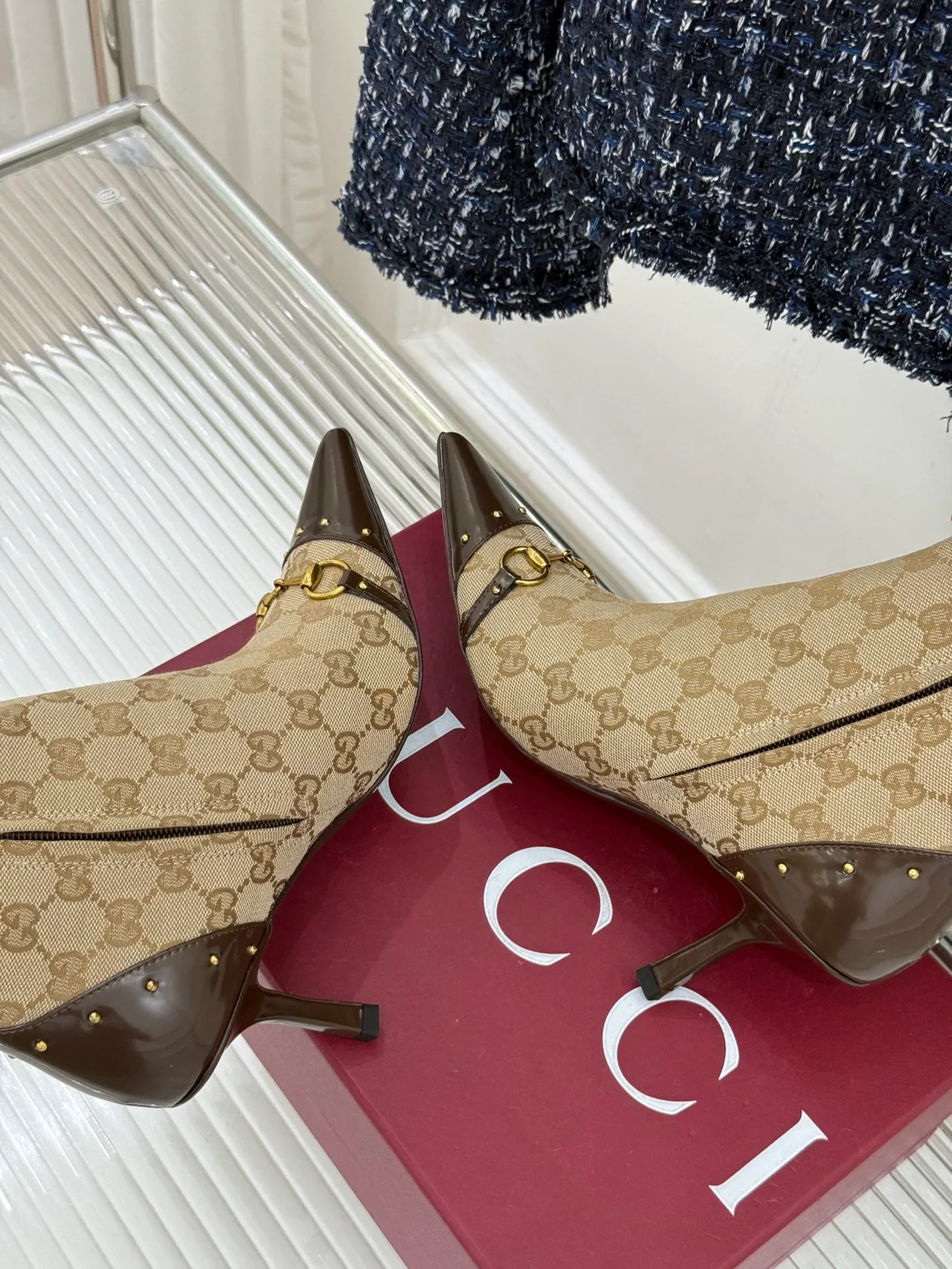 Gucci Sheepskin Canvas Ankle Boots in Beige · view 5