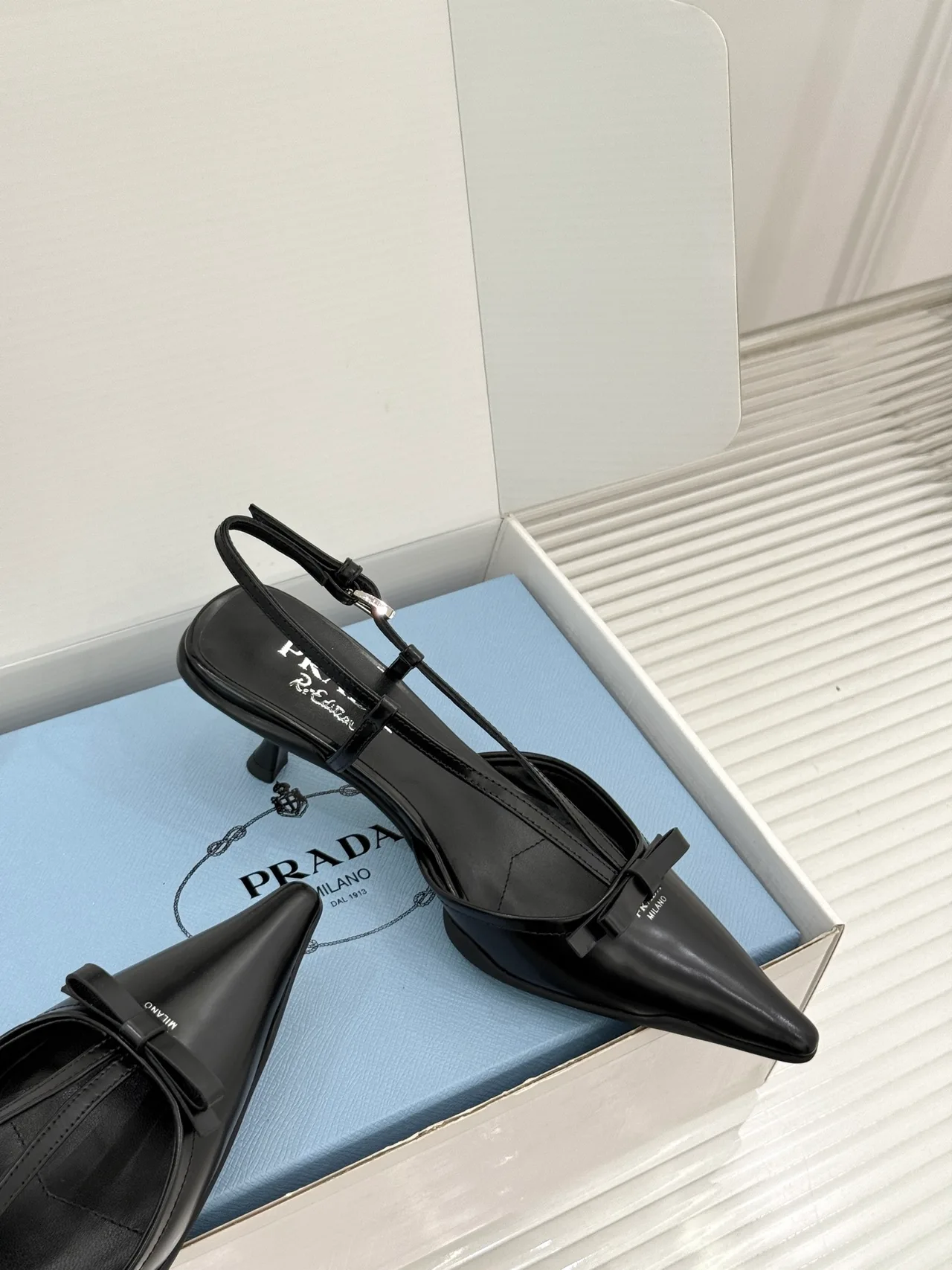 Prada Lambskin Pointed Slingback Pumps in Black · view 5
