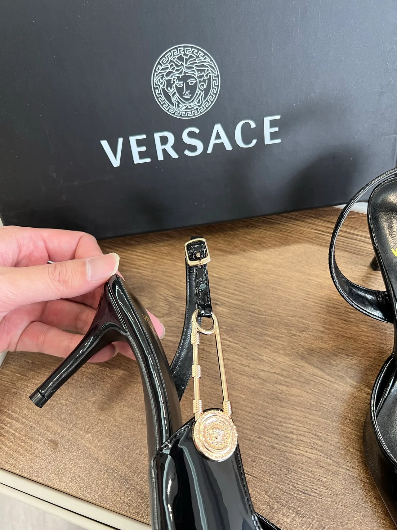 Versace Glossy Pointed-Toe Pointed Slingback Pumps in Black · view 5