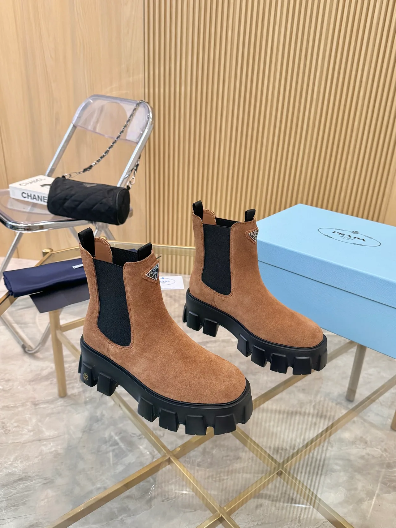 Prada Suede-Look Chelsea Boots in Brown · view 1