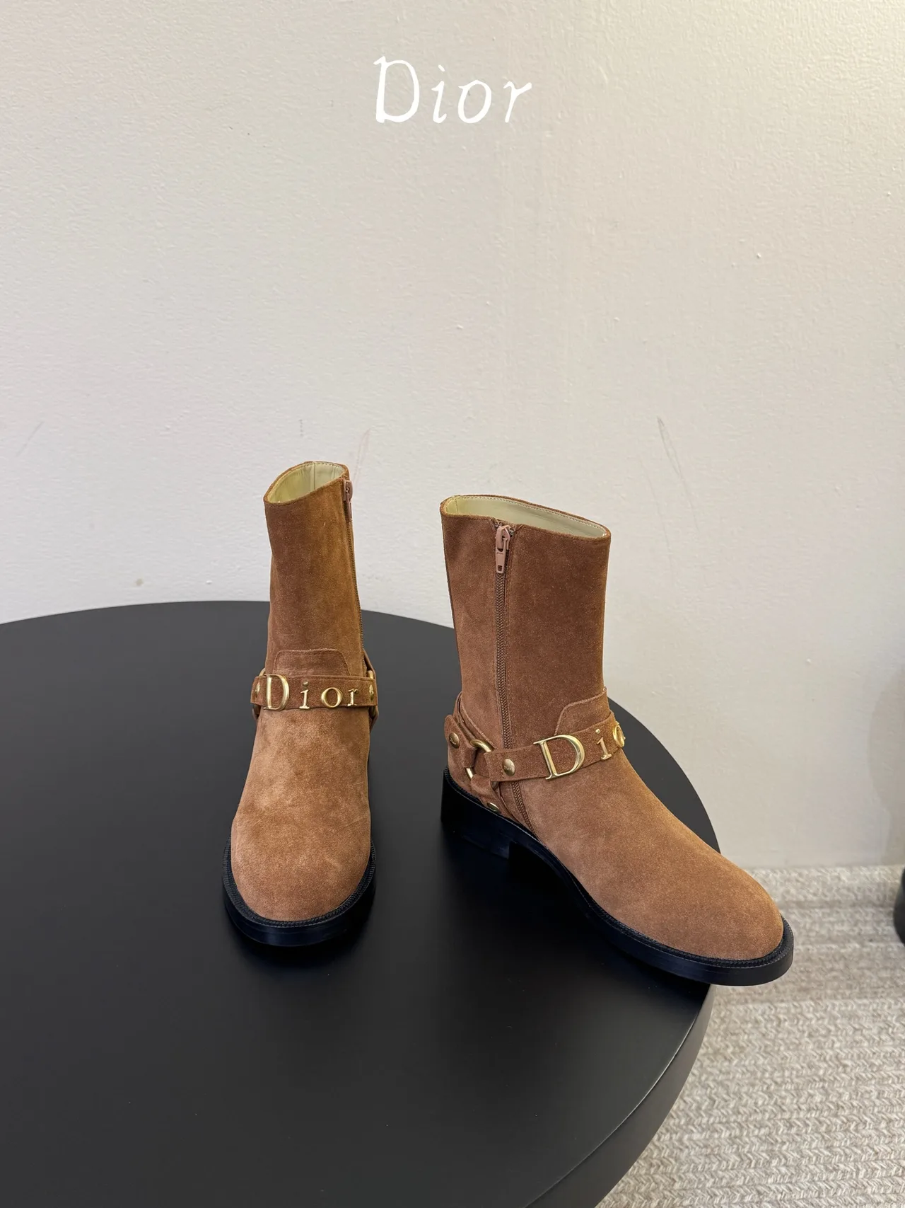 Dior Suede-Look Round-Toe Ankle Boots in Brown · view 2