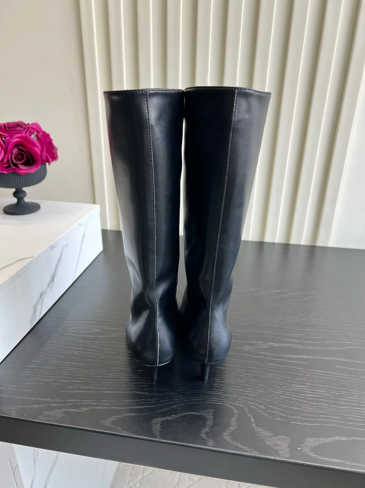 Amina Muaddi Cowhide Glossy Pointed-Toe Knee-High Boots in Black · view 4