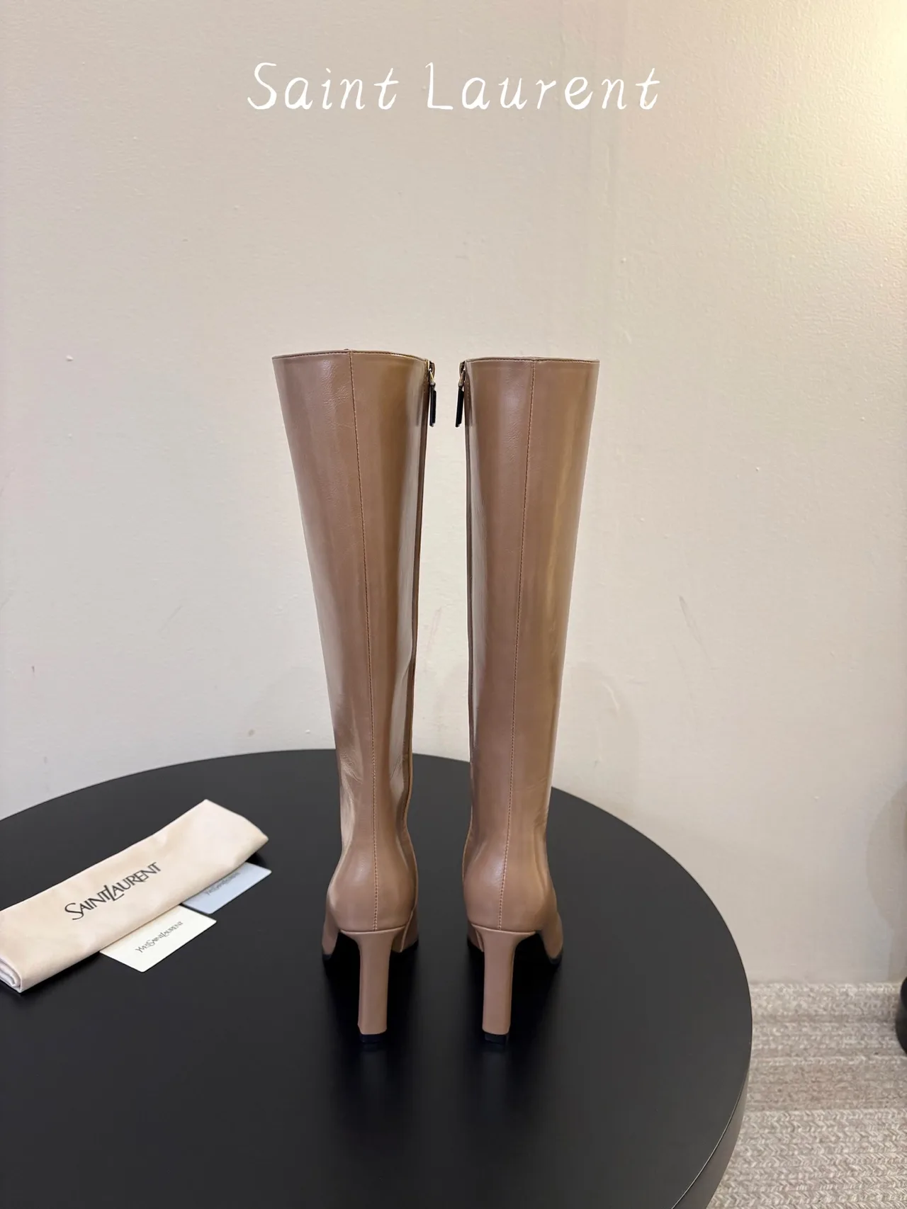 Saint Laurent Cowhide Sheepskin Glossy Pointed-Toe Knee-High Boots in Beige · view 6