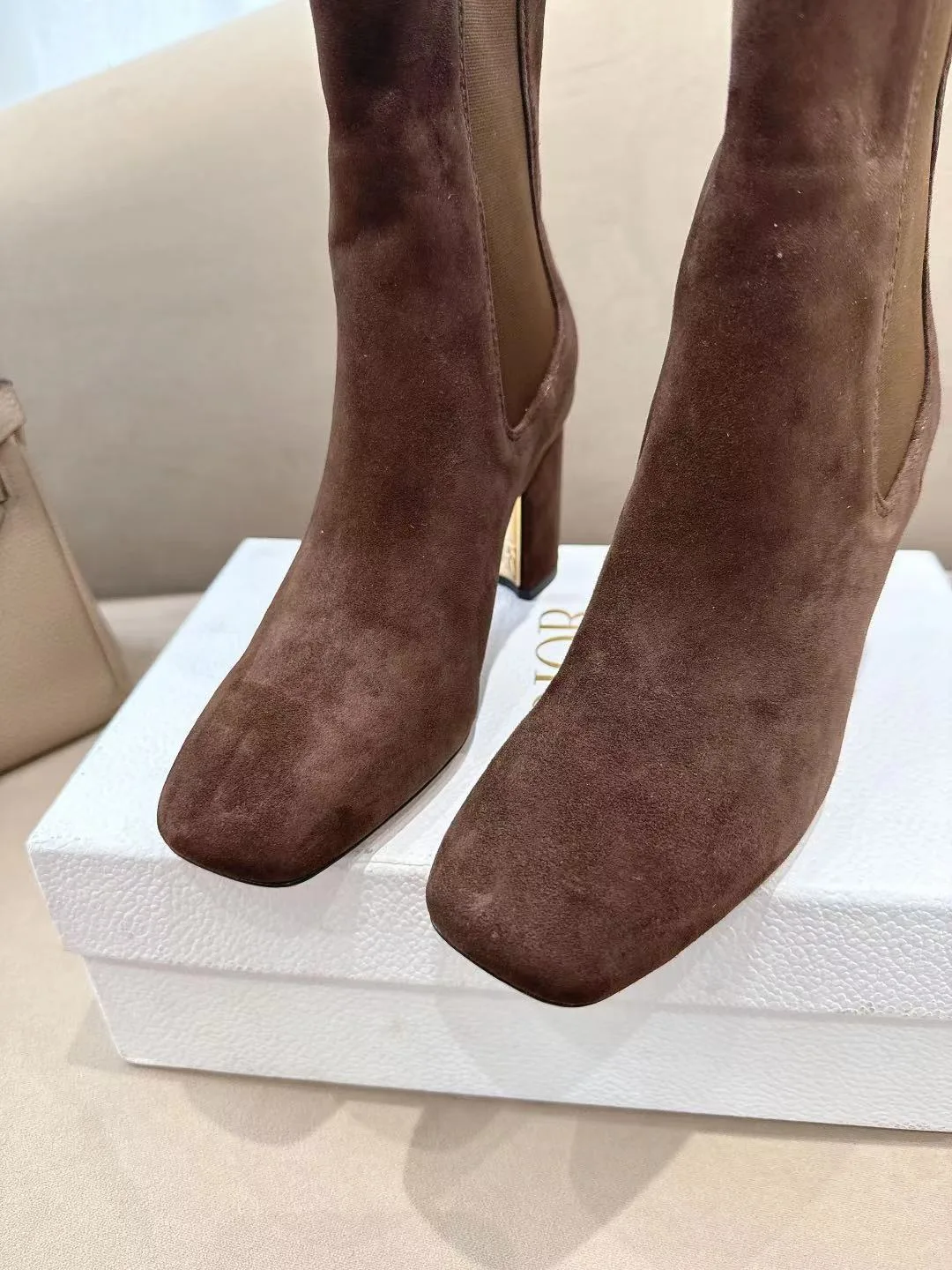 Dior Suede-Look Square-Toe Ankle Boots in Brown · view 7