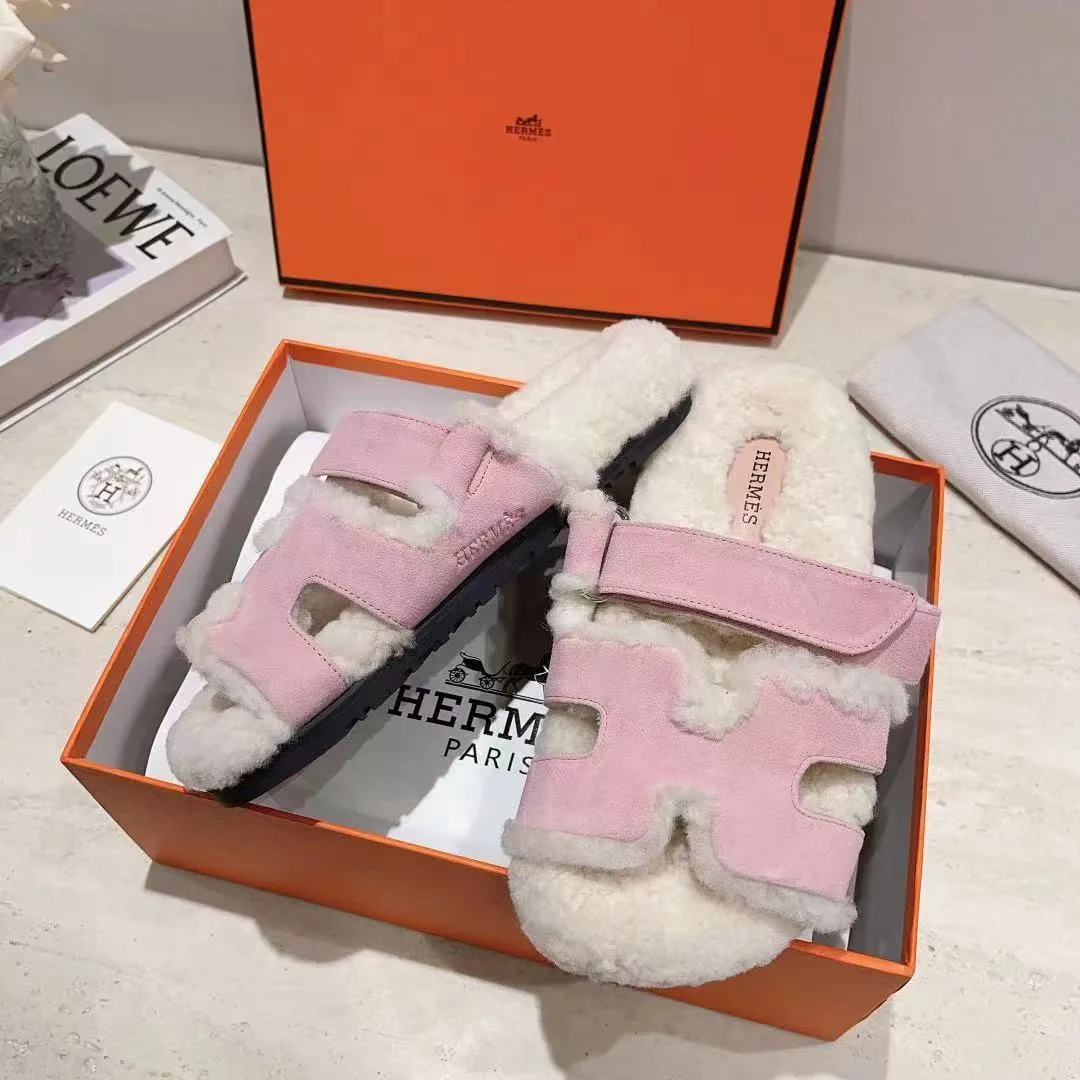 Hermes Sheepskin Chypre Shearling Slides in Pink · view 6