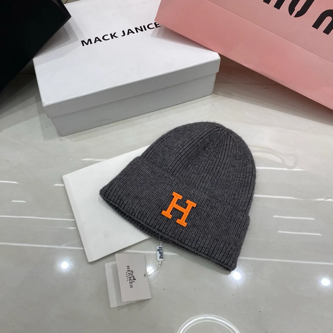 Hermes H Knit Beanie in Grey & Blue & White & Pink & Black & Yellow & Red & Brown & Orange · view 8