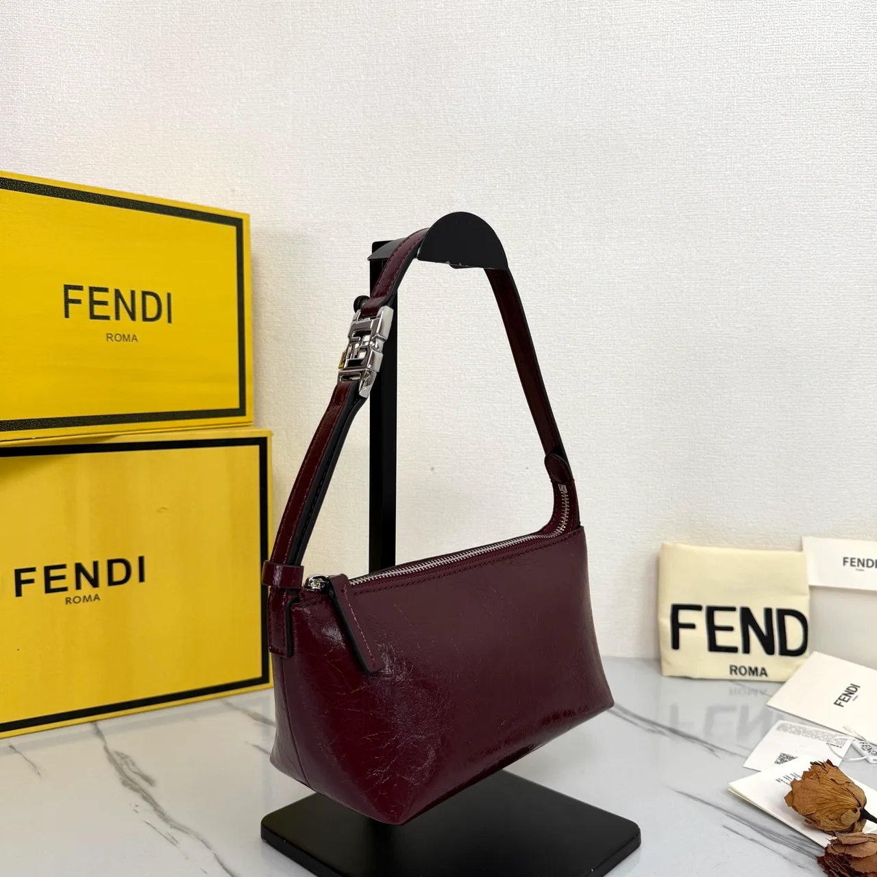 Fendi Baguette Cowhide Glossy Hobo Bag in Burgundy · view 2