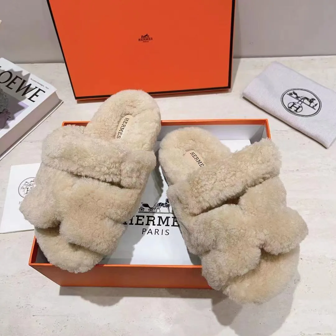 Hermes Sheepskin Chypre Shearling Slides in White · view 4