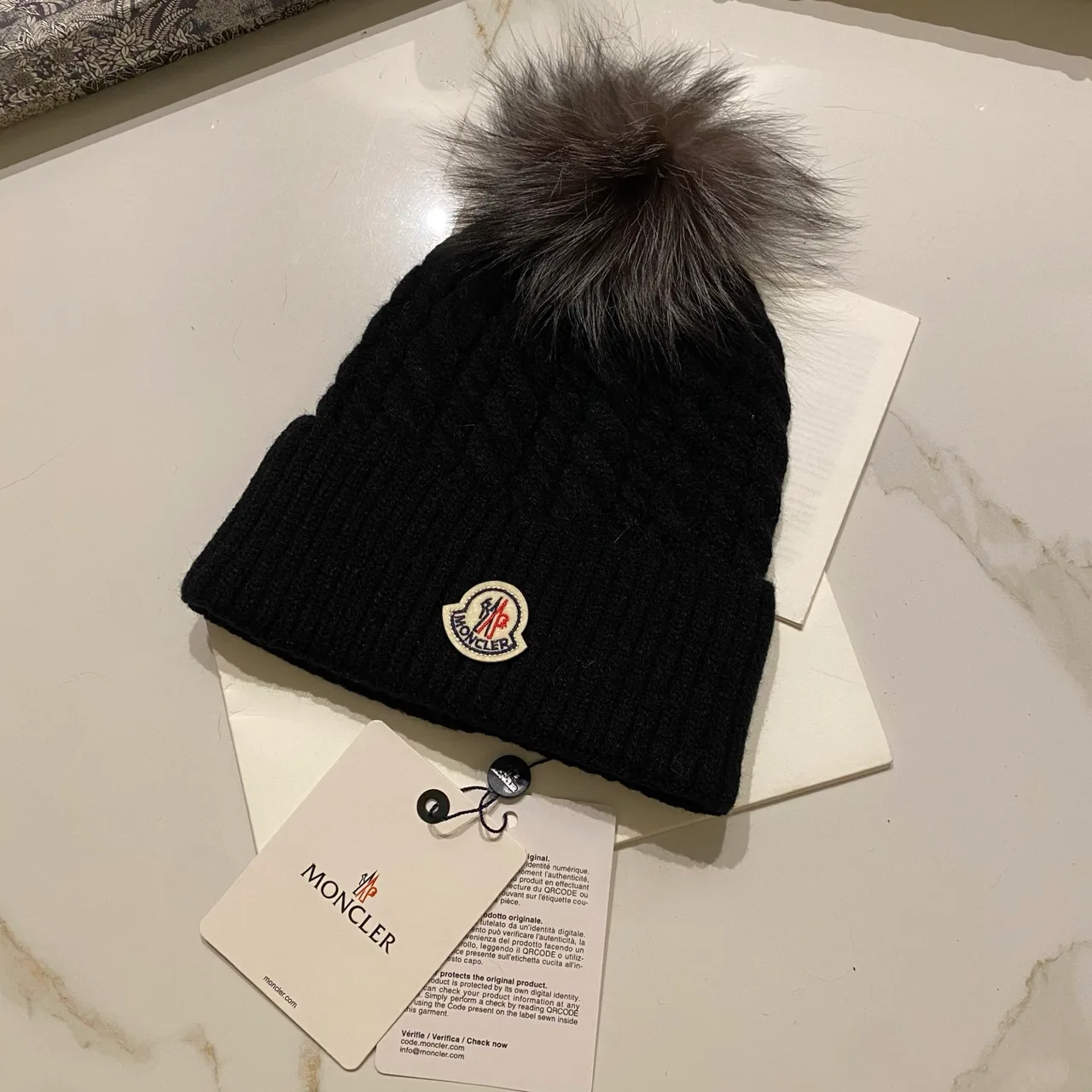 Moncler Cable Pom Beanie in Black & White & Grey & Brown & Burgundy & Beige · view 1
