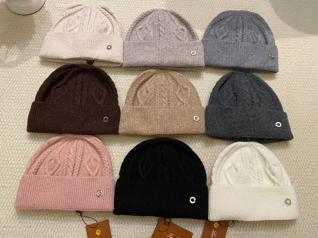 Loro Piana Cable-Emblem Beanie in Black & White & Tan & Grey & Pink & Brown & Blue · view 8