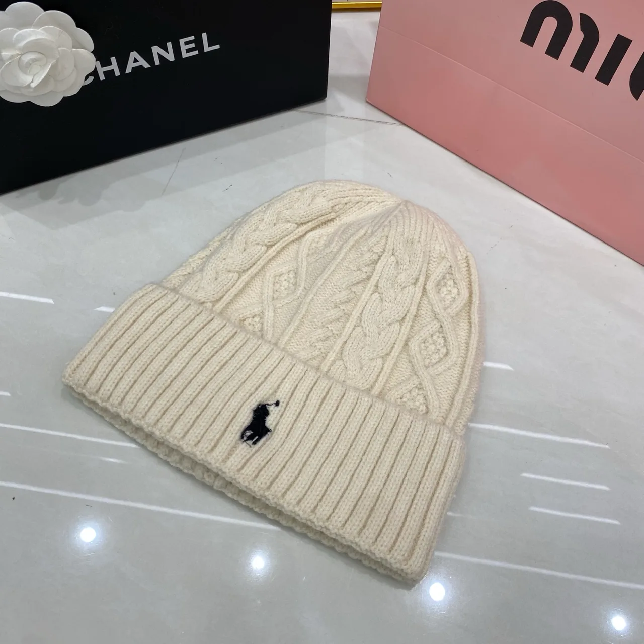 Ralph Lauren Cable-Knit Beanie in Black & White & Tan & Cream & Grey · view 4