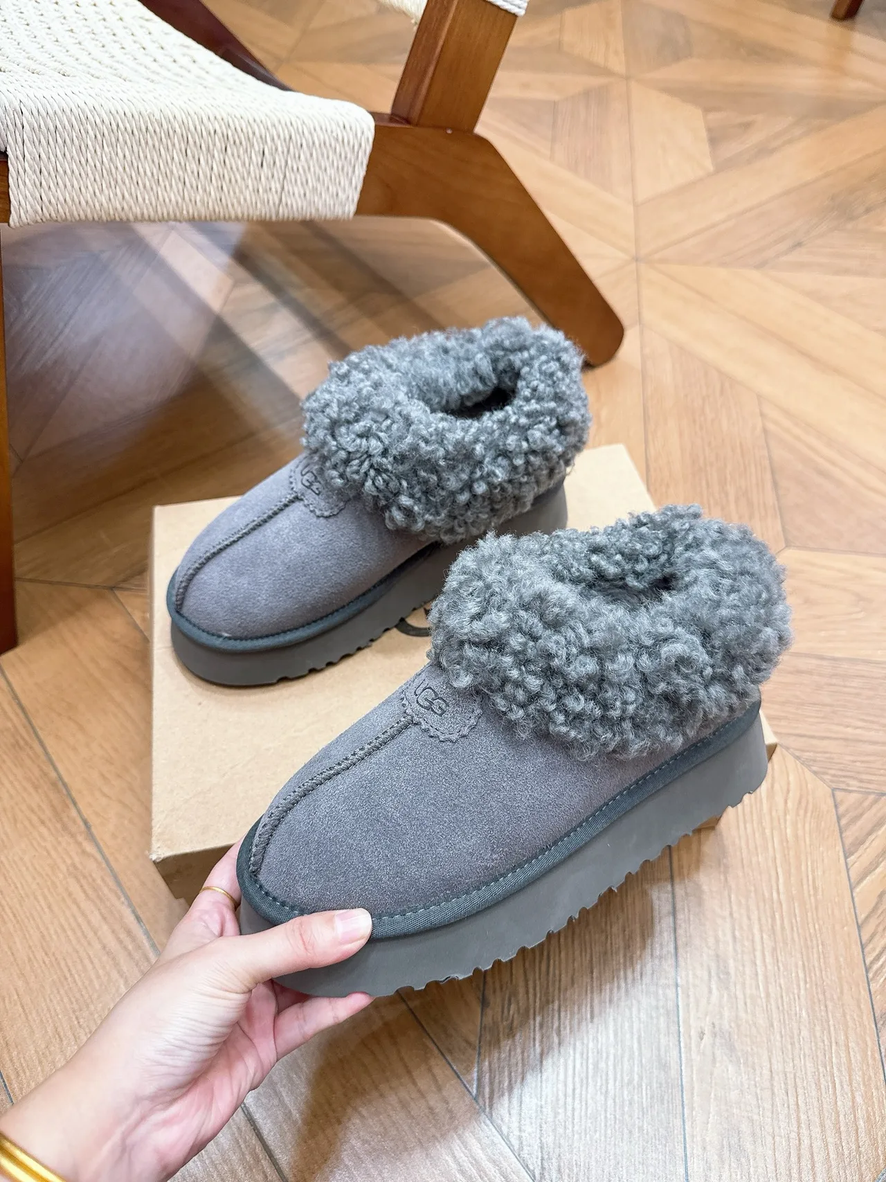 UGG Cowhide Wool Suede-Look Slippers in Grey · view 5