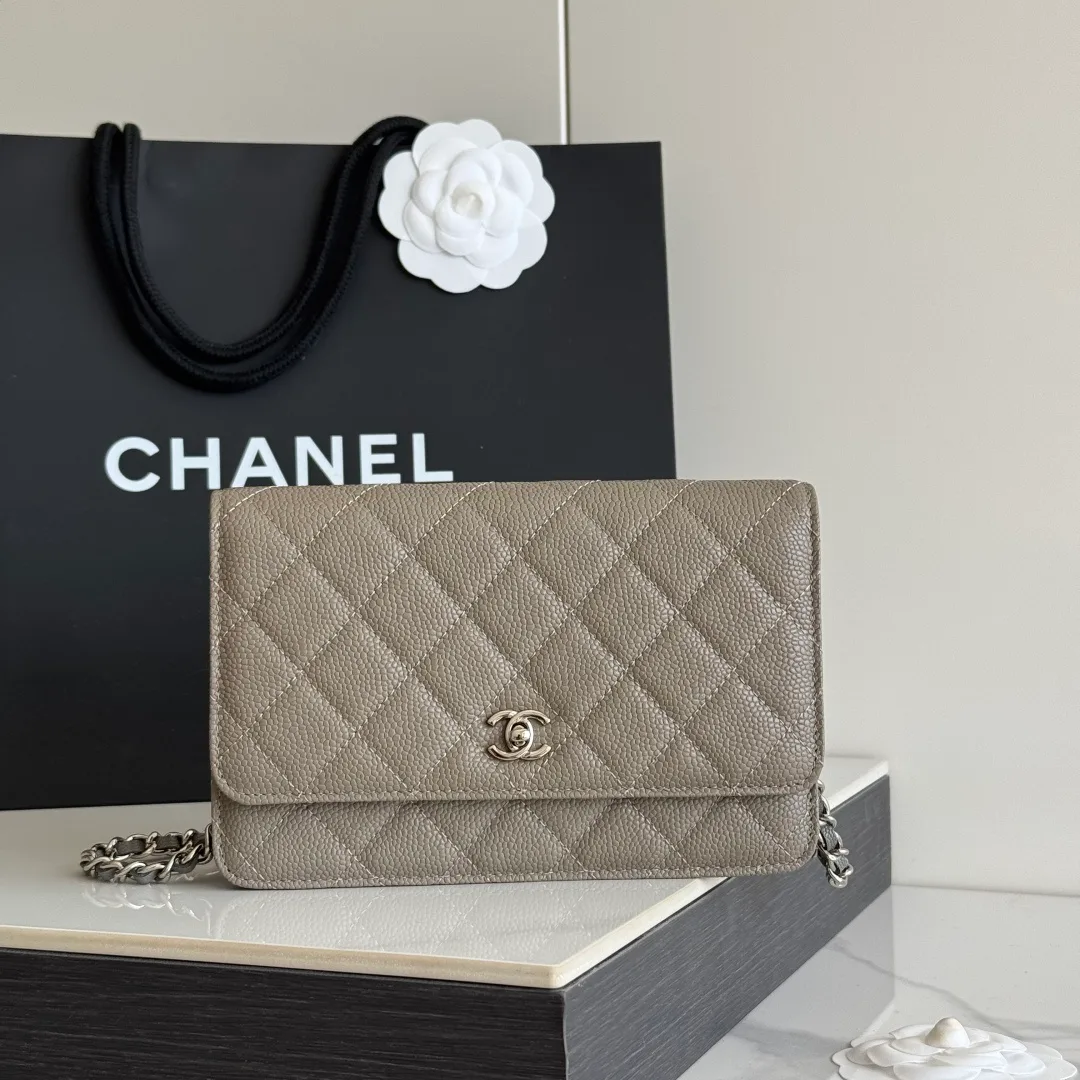 Chanel Calfskin Quilted Chain Wallet in Grey · view 2