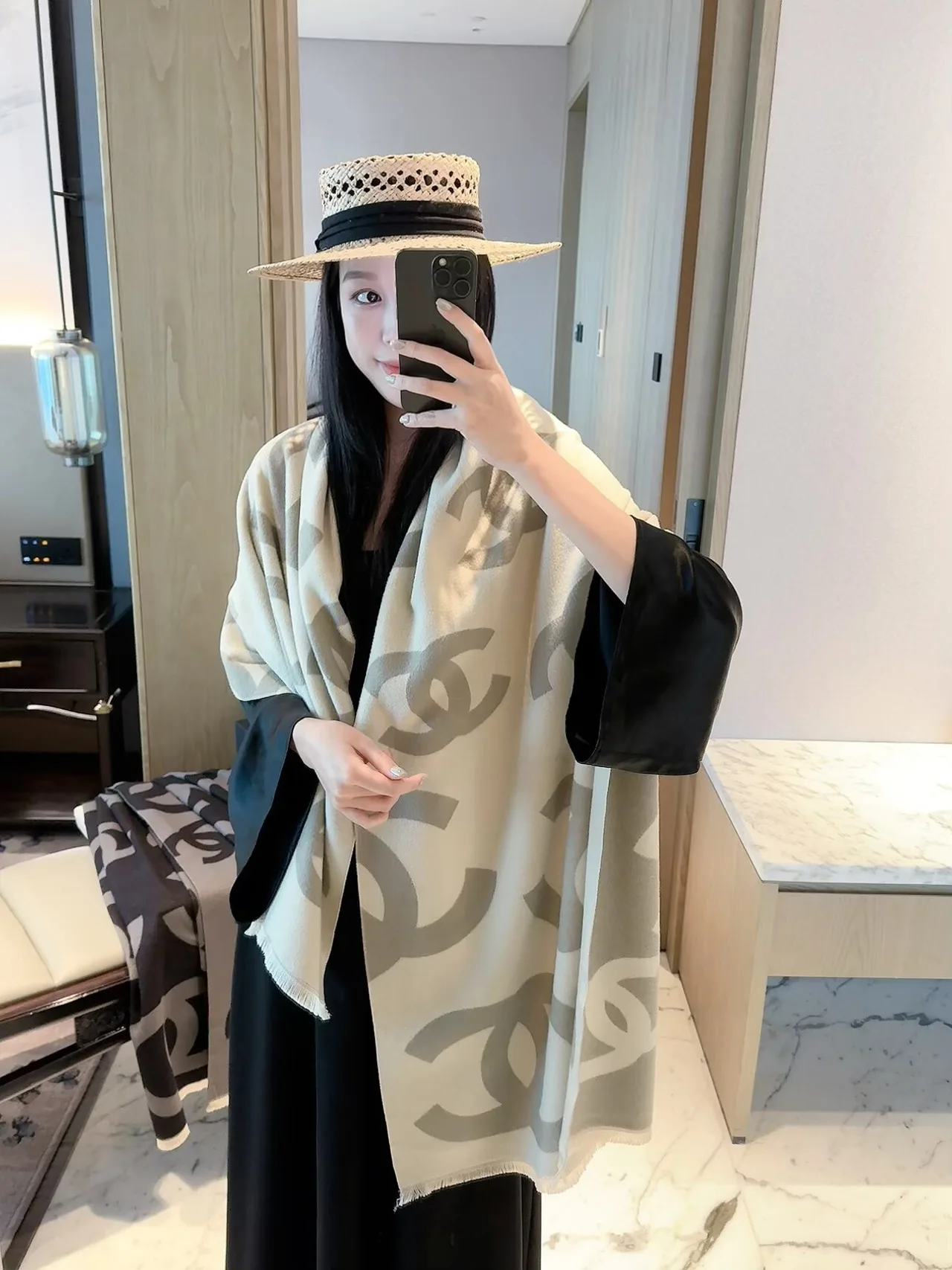 Chanel CC Jacquard Scarf in Pink & Cream · view 6