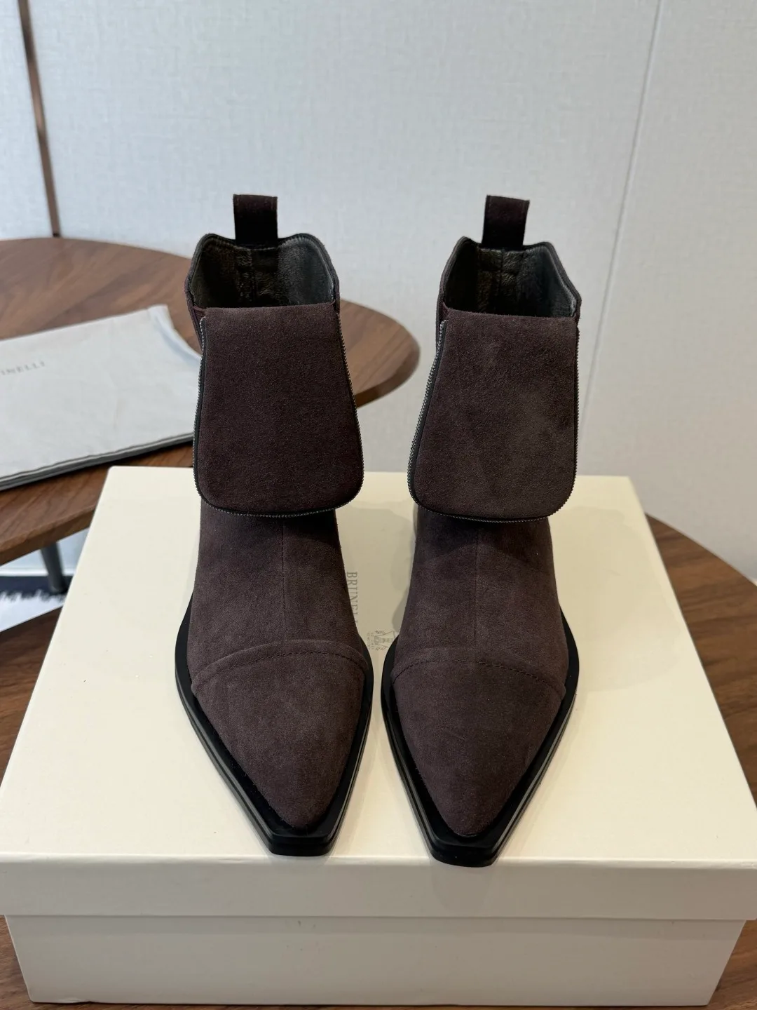 Brunello Cucinelli Matte Suede-Look Pointed-Toe Pumps in Brown · view 1