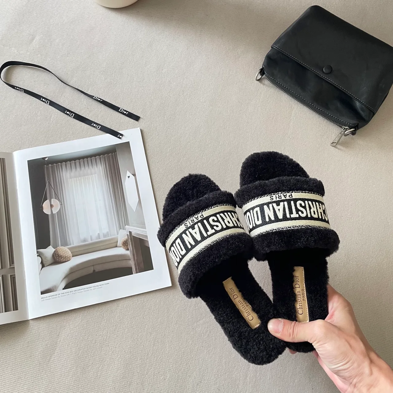 Dior Wool Cashmere Fuzzy Slides in Black · view 9